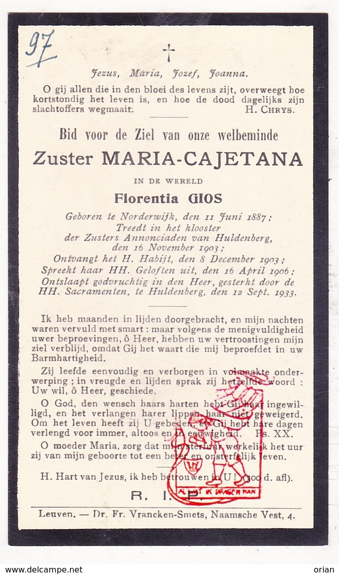 DP EZ Florentia Gios - Zr. Cajetana ° Noorderwijk Herentals 1887 † Klooster Huldenberg 1933 / Olen - Images Religieuses