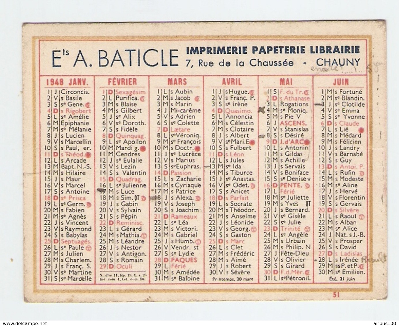 PETIT CALENDRIER 1948 - IMPRIMERIE LIBRAIRIE A. BATICLE CHAUNY AISNE (02) - Formato Piccolo : 1941-60