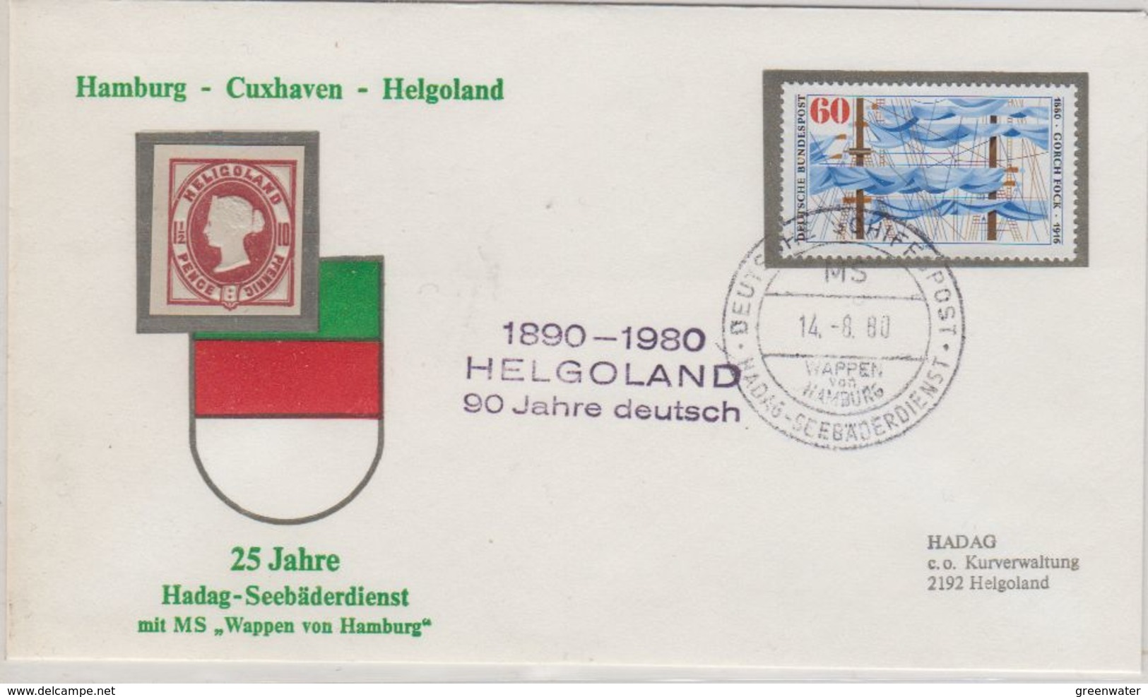 Germany 1980 Ca Helgoland 90J. Deutsch Ca M.S. Wappen Von Hamburg Cover (41281) - Brieven En Documenten