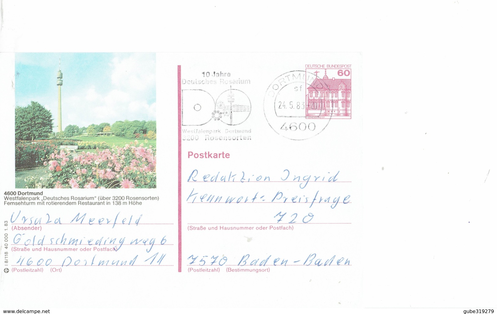 GERMANY 1983 - DORTMUND -POSTKARTE -OBL  "10 JAHRE DEUTSCHES ROSARIUM WESTFALENPARK"24.5.1983 WITH ROSARIUM PARK MAGE - Dortmund