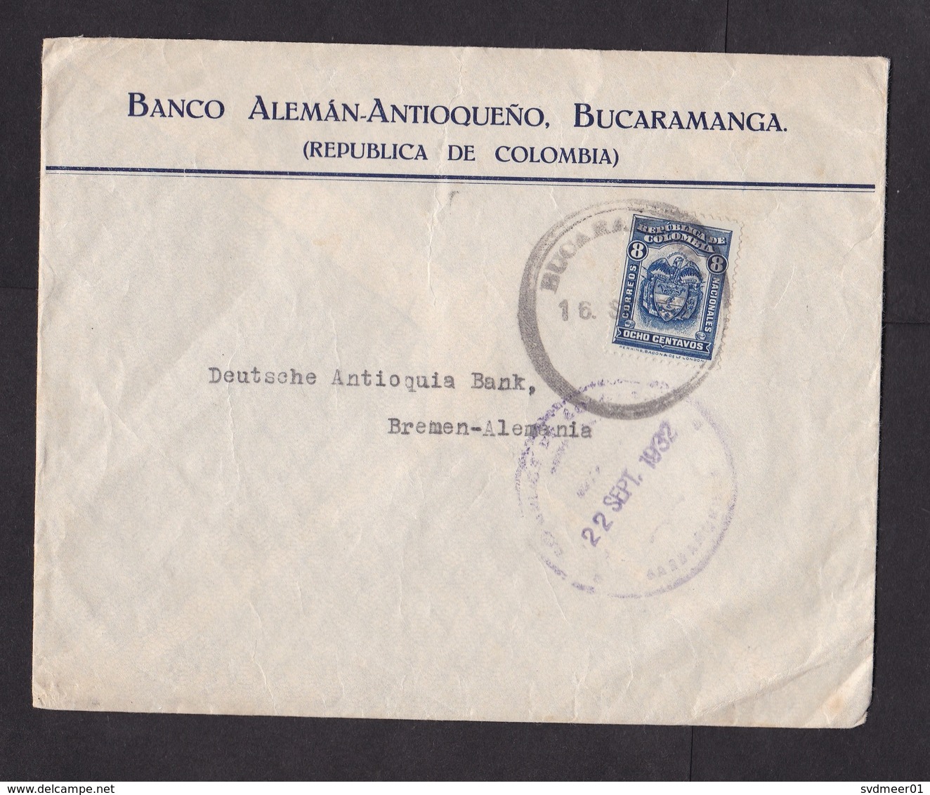 Colombia: Cover Bucaramanga To Germany, 1932, 1 Stamp, Sent By Antioquia Bank (creases) - Colombia