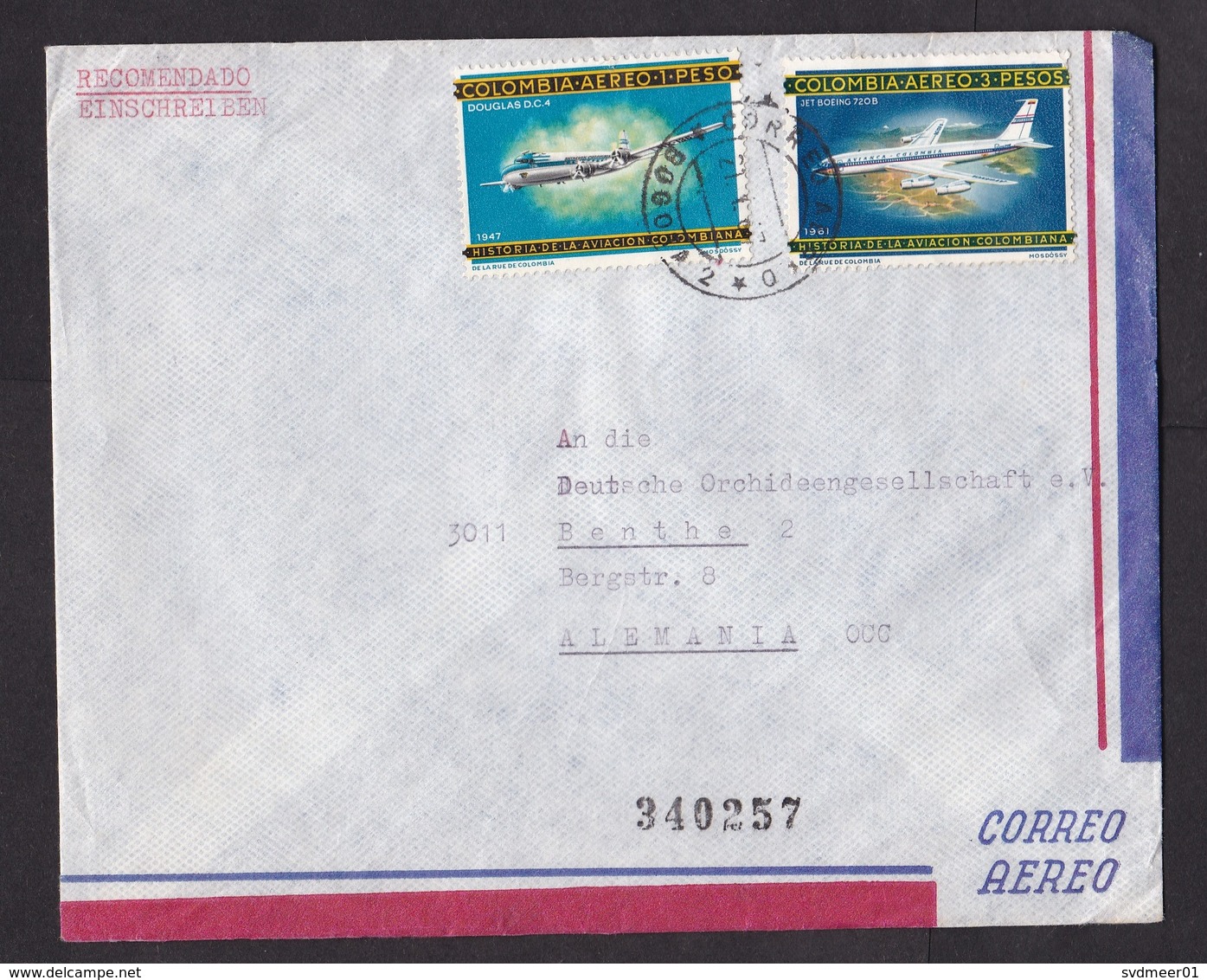 Colombia: Registered Airmail Cover To Germany, 1967, 2 Stamps, Boeing, Douglas DC4, Airplane, Aviation (traces Of Use) - Colombia