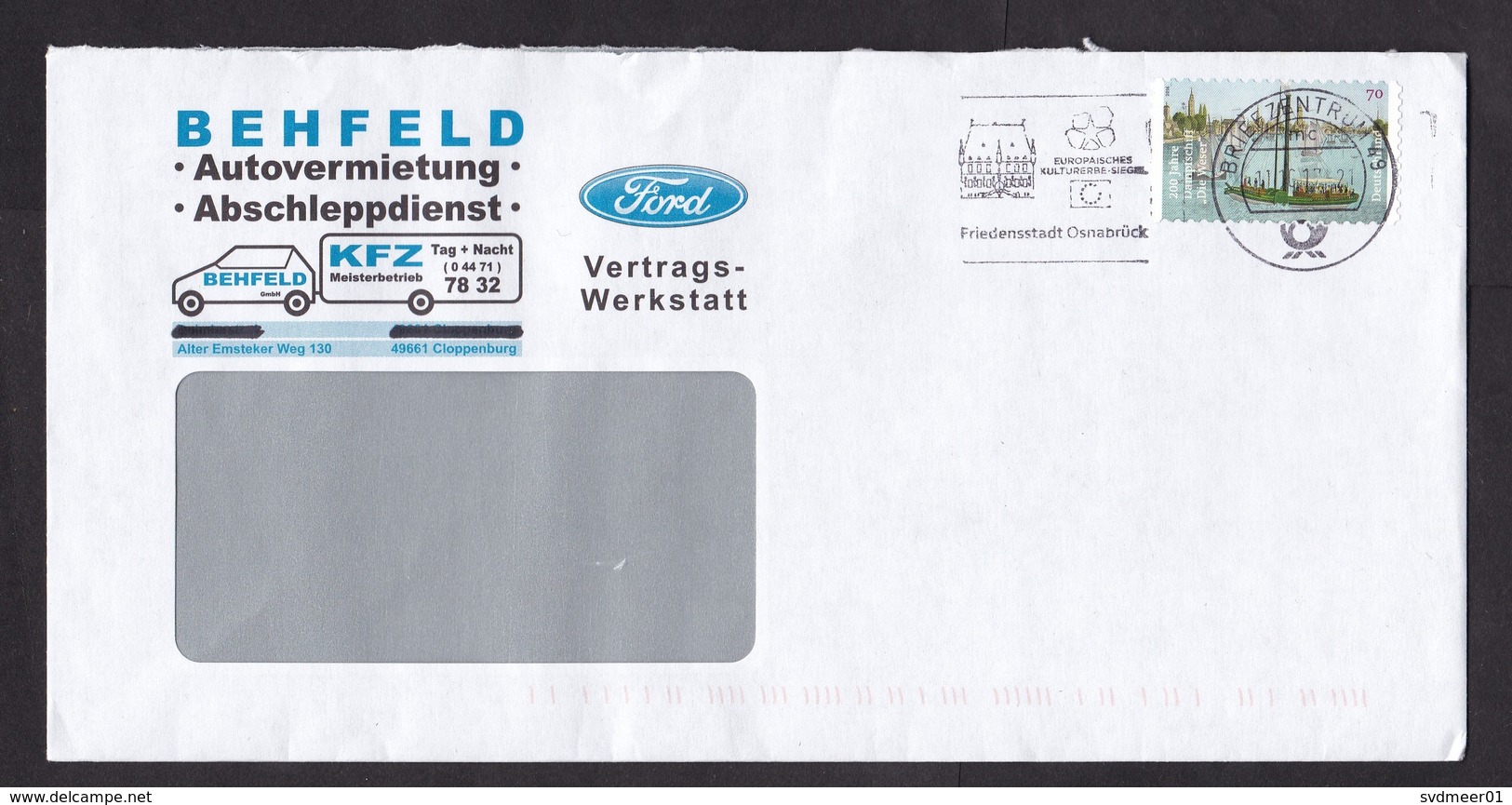 Germany: Cover, 2017, 1 Stamp, Old Ship, Sent By Ford Car Garage (traces Of Use) - Brieven En Documenten