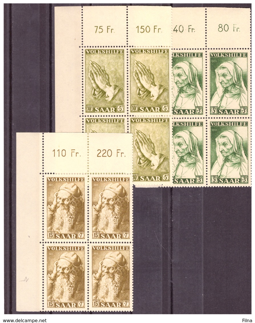 SAAR/SARRE - 1956 - BENEFICENZA INVERNALE. QUADRI DI DÜRER: SERIE COMPLETA IN BLOCCO DI 4. UN VALORE CON PIEGA. -  MNH** - Nuovi