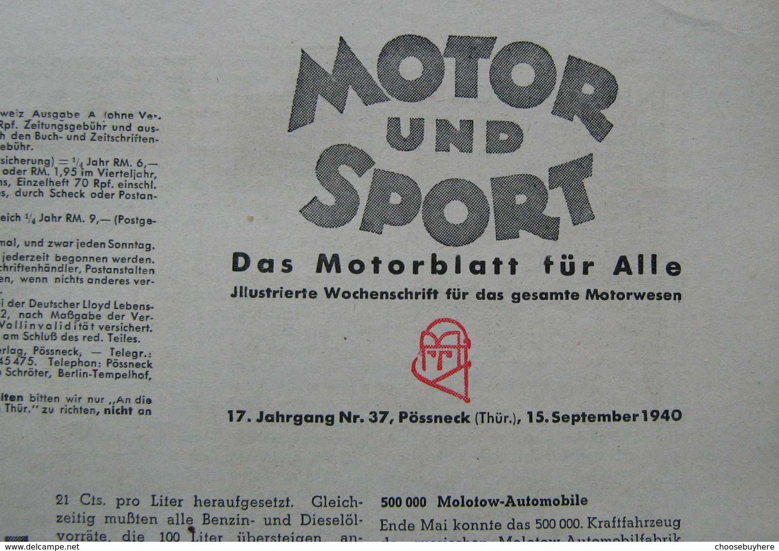 MOTOR Und SPORT September 1940 Heft 37 True Vintage Historisch Nostalgie Pur - Automobile & Transport