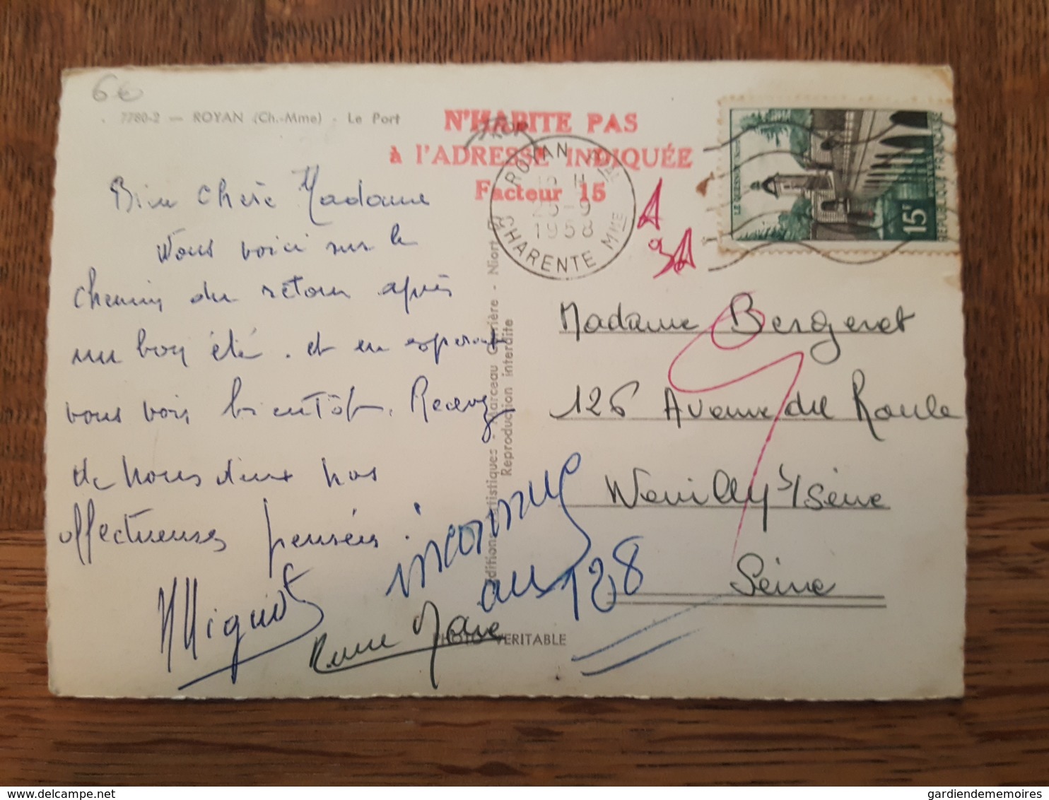 1958 - Cachet N'Habite Pas à L'Adresse Indiqué, Facteur 15 - TAD Royan Principale Pour Neuilly Sur Seine TP N°1105 - 1921-1960: Période Moderne