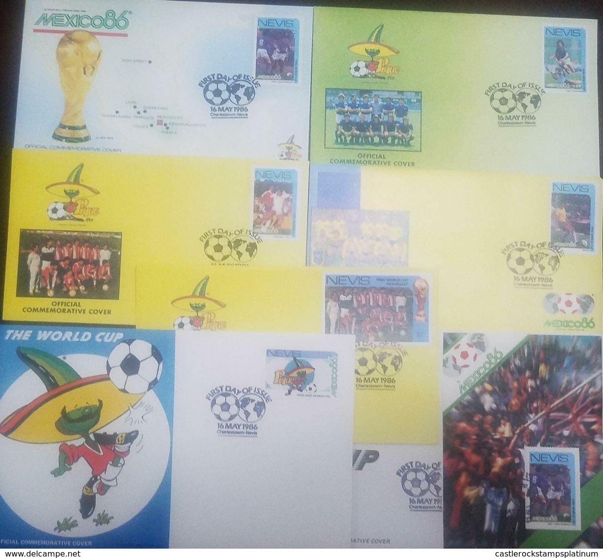 O) 1986 NEVIS, 1986 WORLD CUP SOCCER CHAMPIONSHIPS MEXICO, PIQUE PET, FOOTBALL SPORT, SET FDC XF - St.Kitts And Nevis ( 1983-...)