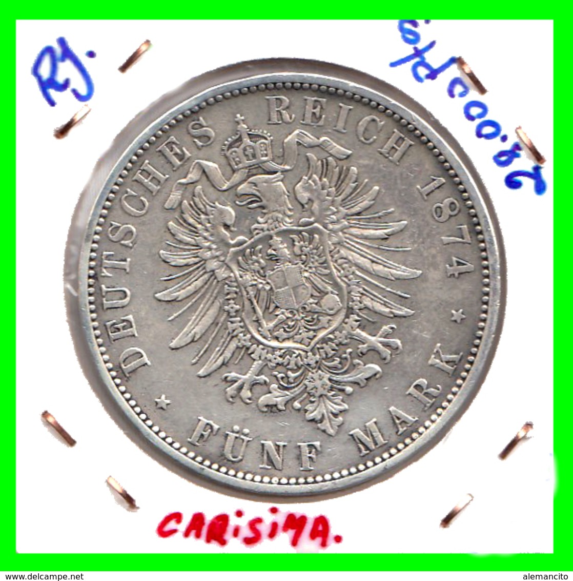 ALEMANIA - WUERTTEMBERG - KARL KOENIG VON WUERTTEMBERG AÑO. 1874-F    FÜNF MARK - 2, 3 & 5 Mark Argento