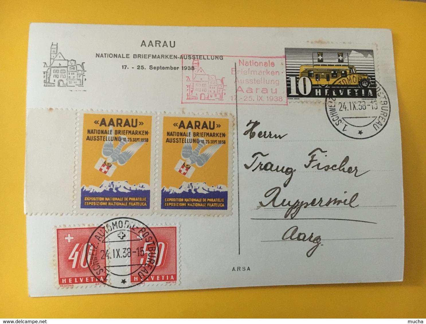 8016 - National Briefmarken Ausstelung Aarau 24.09.1938 Vignette Timbres Taxes 40 & 50 Ct Sur Carte - Lettres & Documents