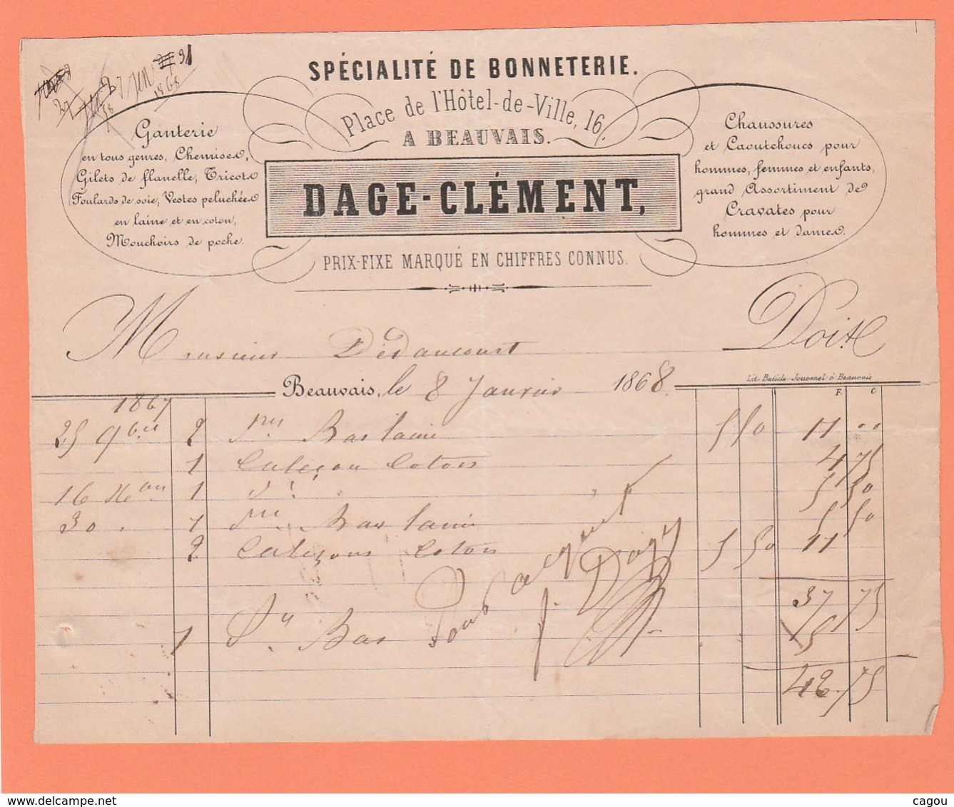 FACTURE DAGE-CLEMENT SPECIALITE DE BONNETERIE PLACE DE L'HÔTEL DE VILLE 16 BEAUVAIS GANTERIE CHAUSSURES .. - 1800 – 1899