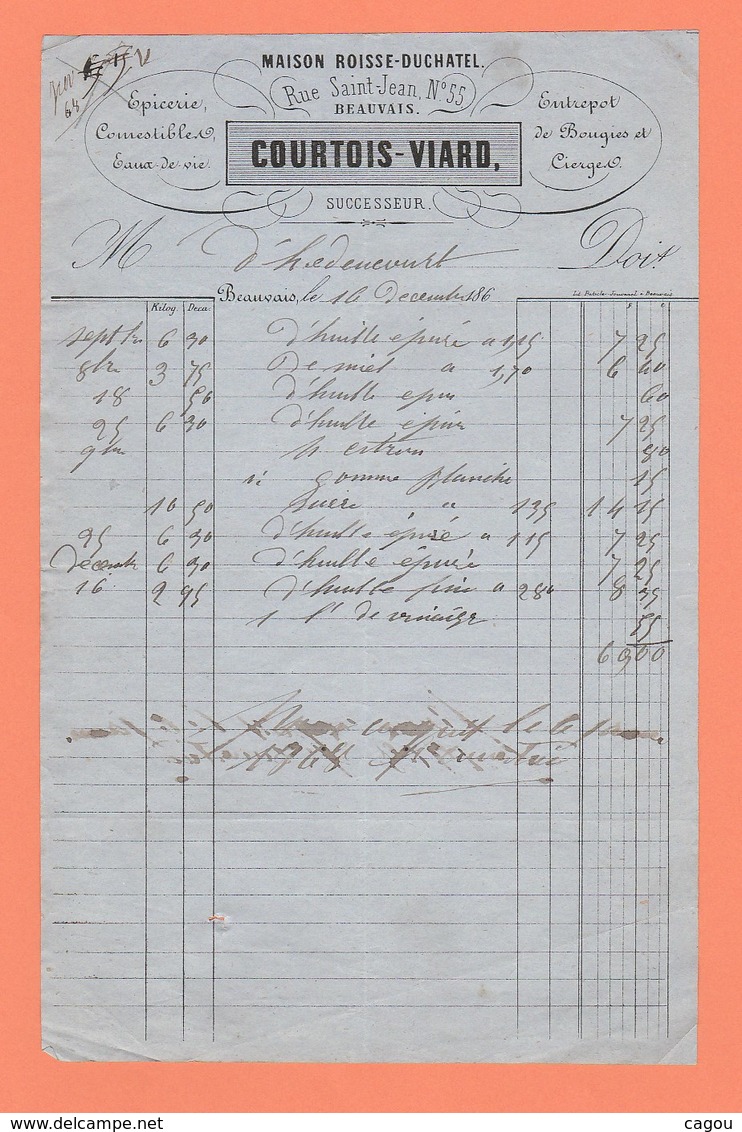 FACTURE COURTOIS-VIARD RUE St JEAN 55 BEAUVAIS EPICERIE COMESTIBLES EAUX DE VIE BOUGIES CIERGES - 1800 – 1899