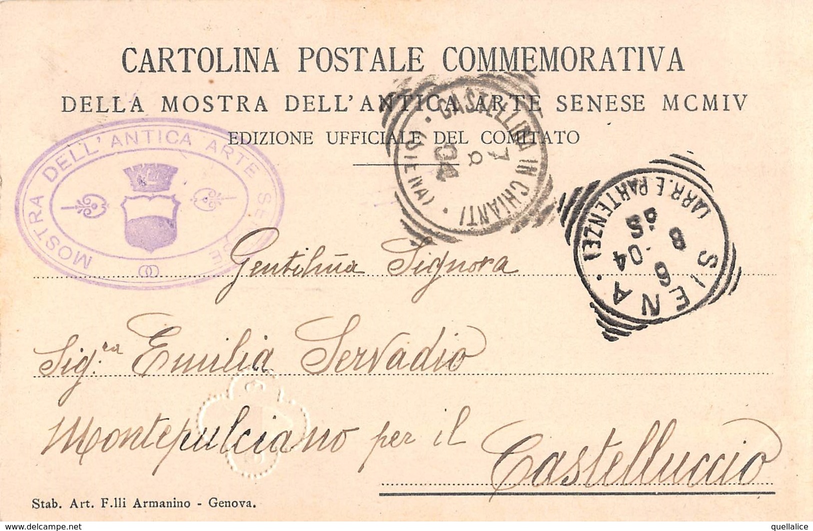 0611 "SIENA - COMMEMORATIVA DELLA MOSTRA DELL'ANTICA ARTE SENESE MCMIV" ANIMATA, TIMBRO. CART SPED 1904 - Siena