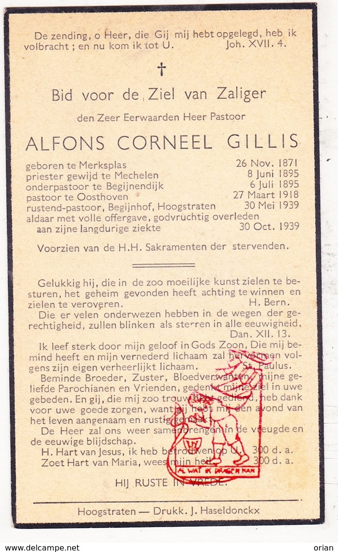 DP Z EH Alfons C. Gillis ° Merksplas 1871 † Begijnhof Hoogstraten 1939 / Mechelen Begijnendijk Oosthoven Oud-Turnhout - Images Religieuses