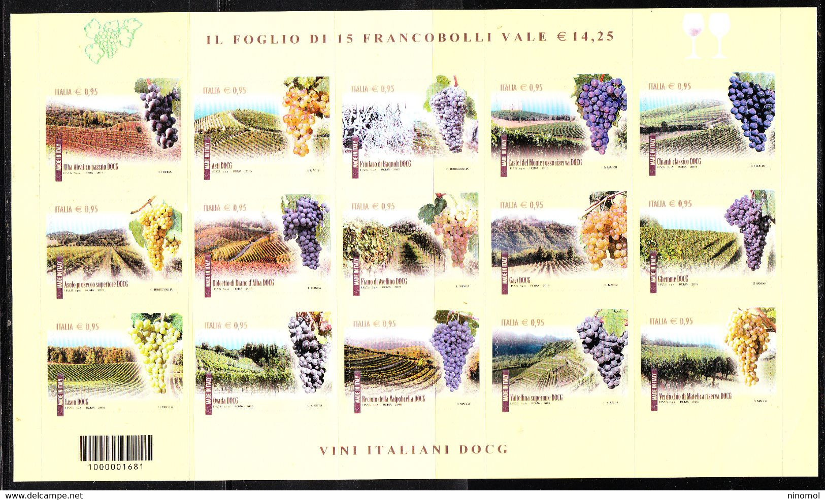 Italia   -  2015. Uva E Vini Italiani BF Con Codice Postale. Italian BF Grapes And Wines With Postal Code.Rare, MNH - Alimentazione