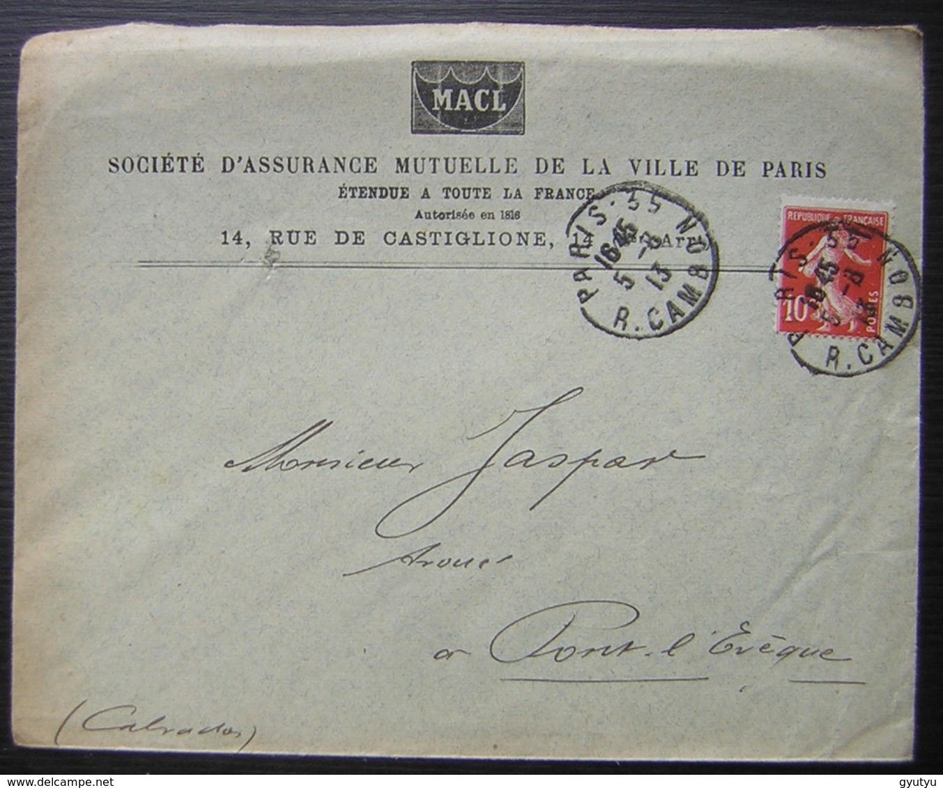 1913 Piquage Décalé Sur Un 10 Centimes Semeuse, Lettre De MACL Société D'assurance Mutuelle De La Ville De Paris - 1877-1920: Période Semi Moderne