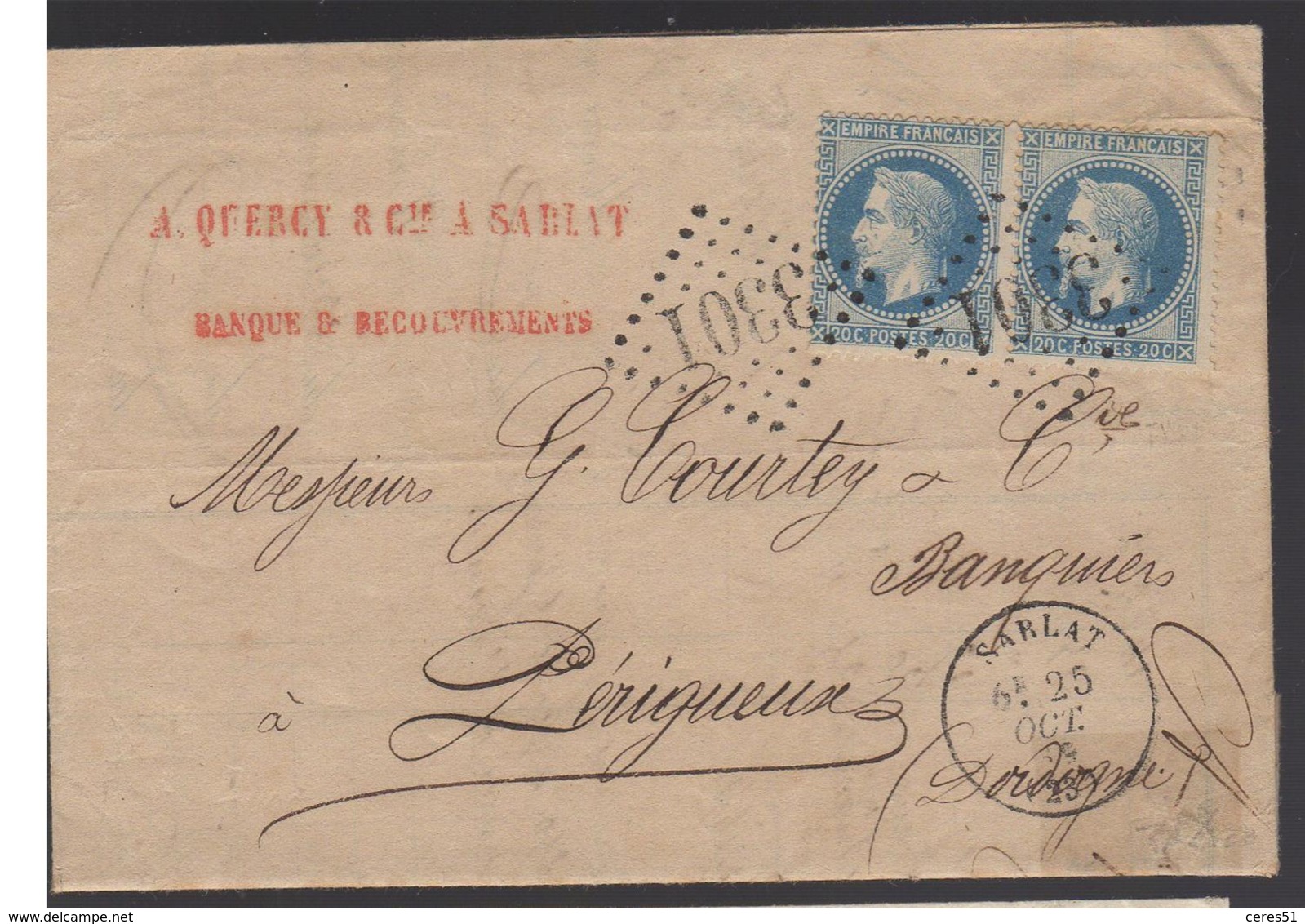 LOT 2147-120 / PAIRE N° 29 OBL. GC 3301 + CAD SARLAT 5 OCT. 69 P/PERIGUEUX ARRIVEE 26 OCT. 69 - 1849-1876: Période Classique