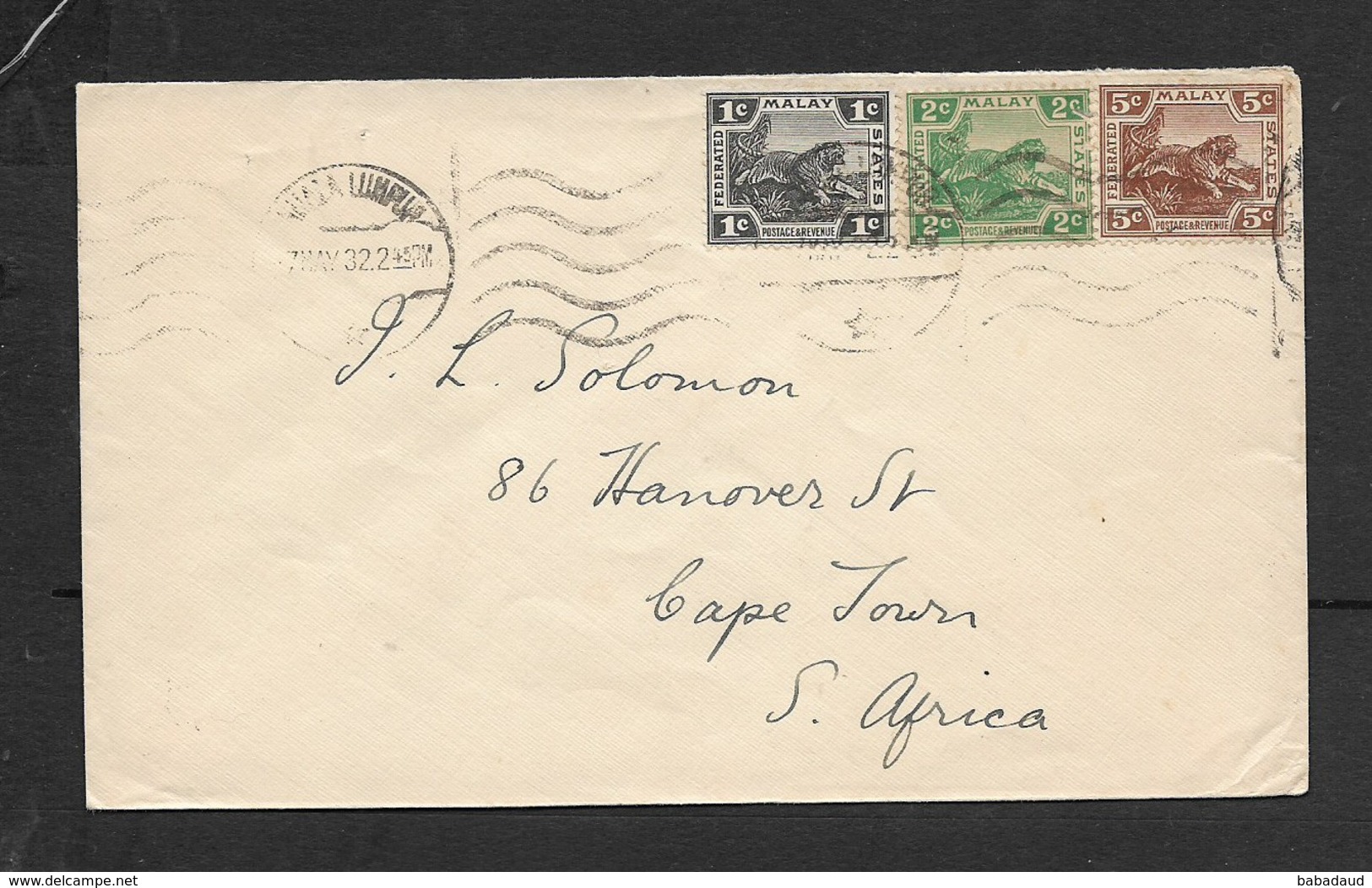 Malaya Federated States, 8c Cover  KUALA LUMPUR7 MY 32 > S.Africa - Federated Malay States