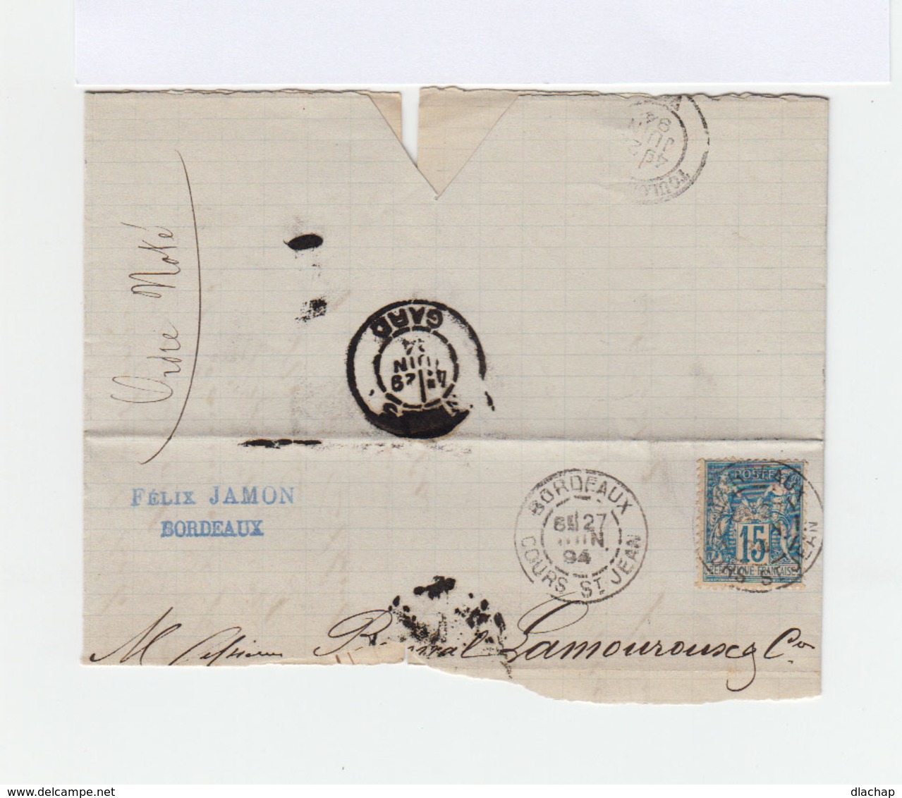 Sur Lettre Type Sage 15 C Bleu CAD Bordeaux Cours Saint Jean. CAD Nîmes. (830) - 1877-1920: Période Semi Moderne