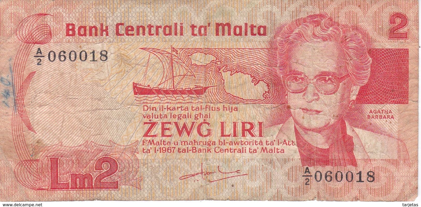 BILLETE DE MALTA DE 2 LIRAS DEL AÑO 1986  (BANKNOTE) - Malte