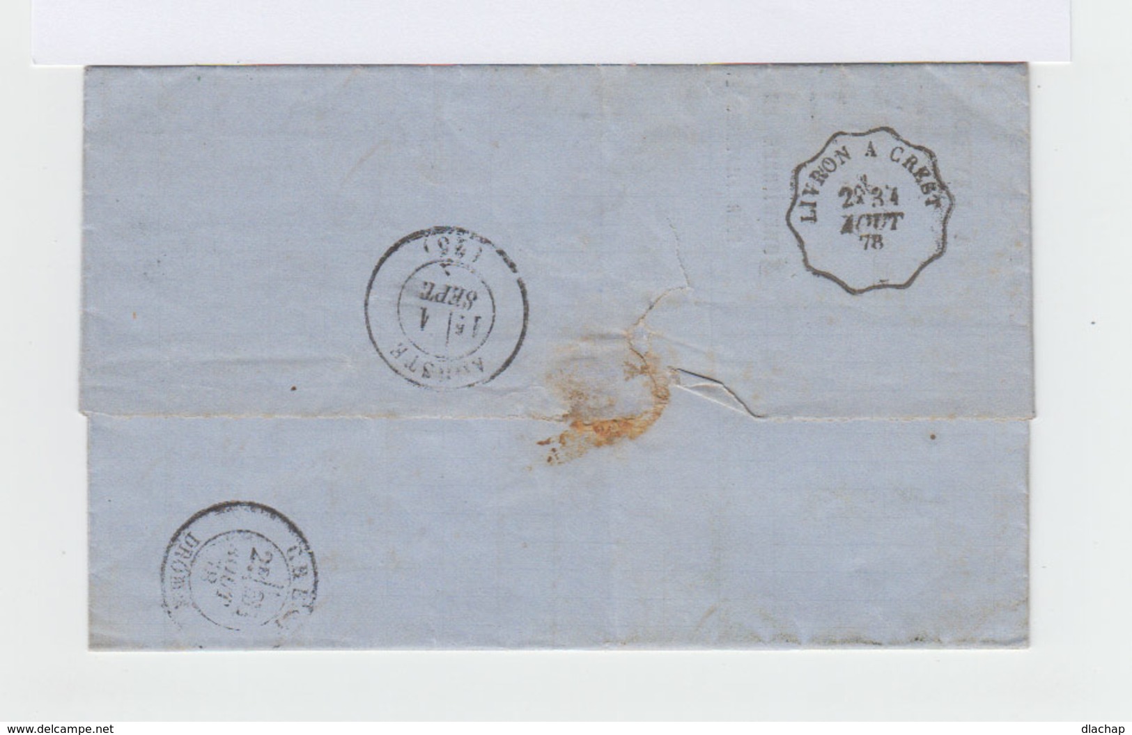 Sur Lettre Type Sage 15 C Bleu CAD Gare De Livron 1878. Cachet Ambulant. Cachets Aouste Et Crest, Drôme. (831) - Poste Ferroviaire