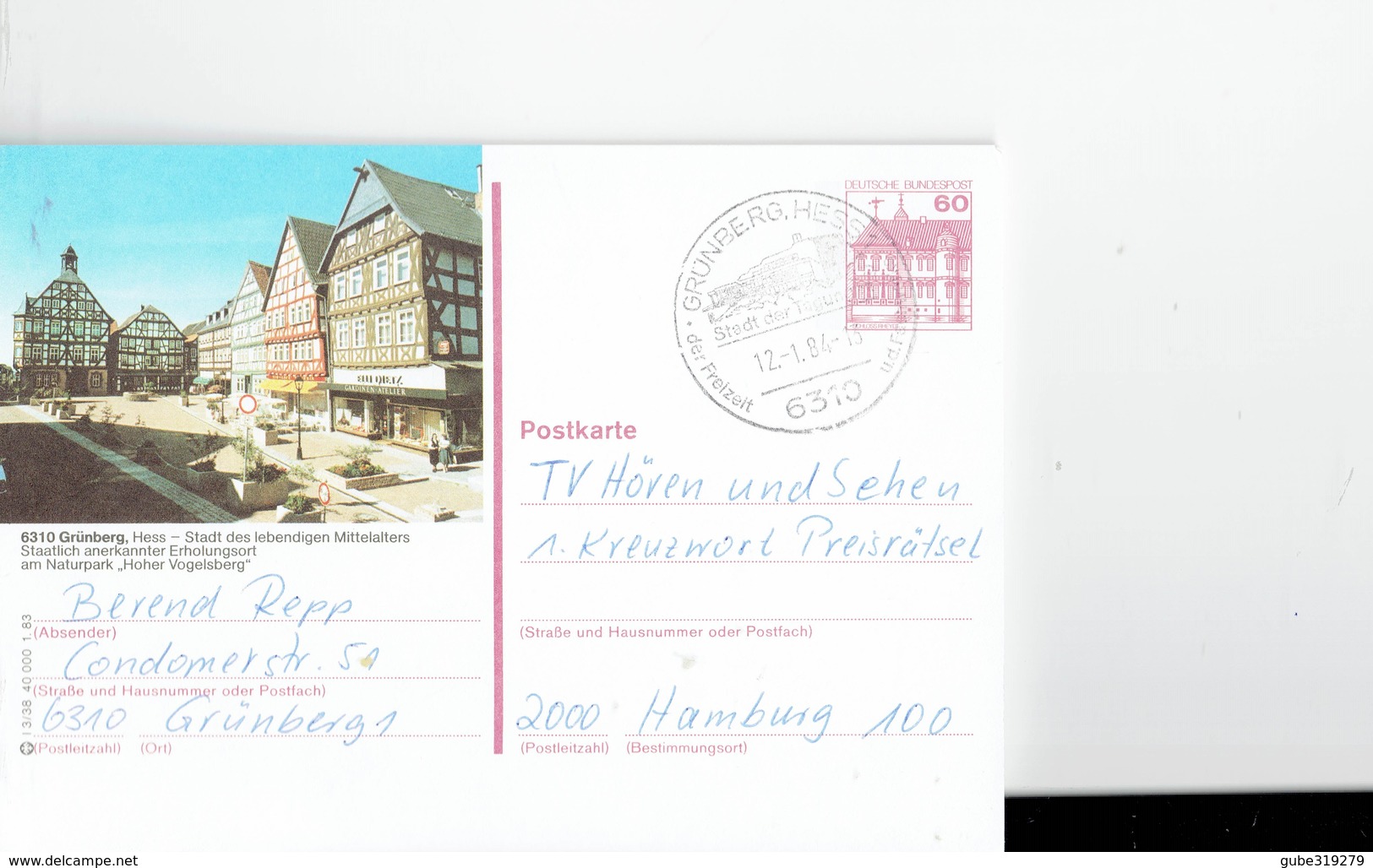 GERMANY 1984 - GRÚNBERG -POSTKARTE -OBL  "GRÚNBERG, THE STADT DER TAGUNG DER FREIZEIT" 12.1.84  GRÜNBERG  IMAGE  PRESTAM - Gruenberg