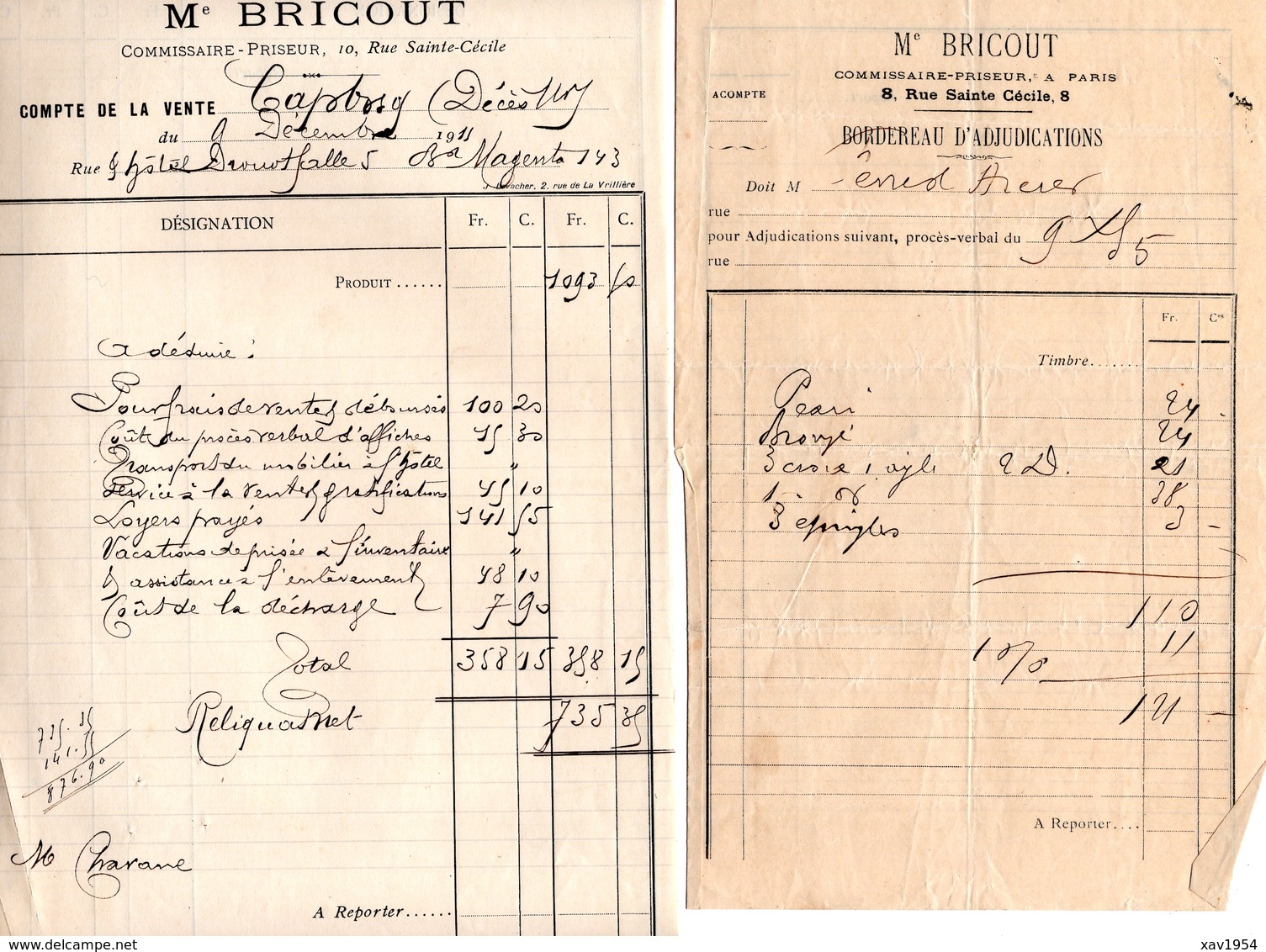 2 DOCS De Vente COMMISSAIRE  PRISEUR MTRE BRICOUT à PARIS Du 09/12/1911 - 1900 – 1949
