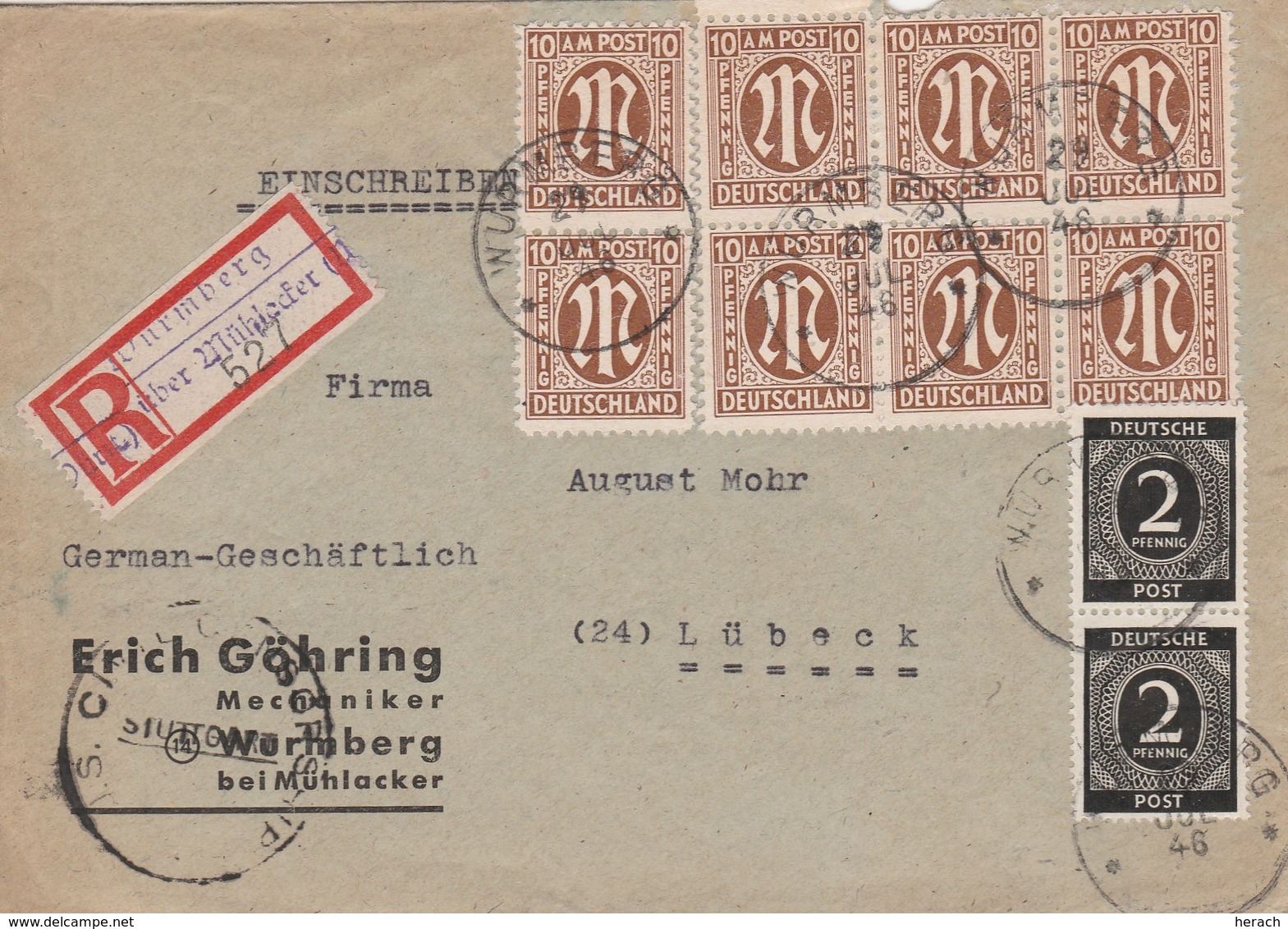 Allemagne Bizone Lettre Recommandée Wurmberg über Mühlacker 1946 - Other & Unclassified