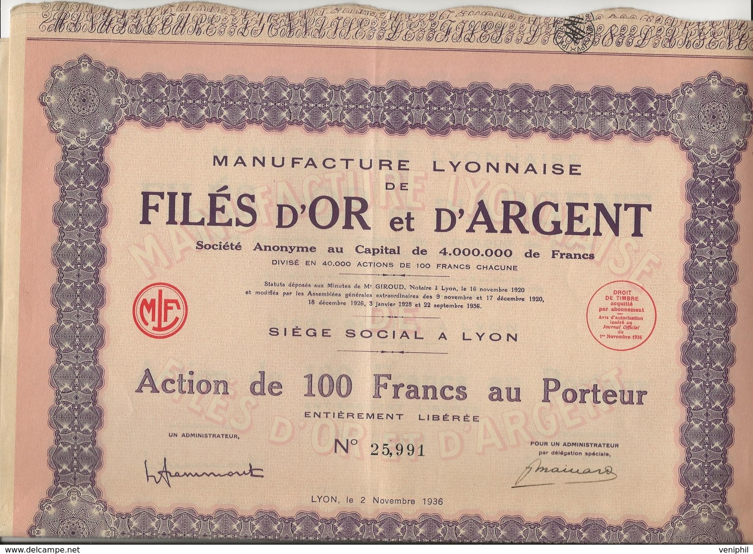 MANUFACTURE LYONNAISE DE FILES D'OR ET D'ARGENT - ACTION DE 100 FRANCS -ANNEE 1936 - Textile