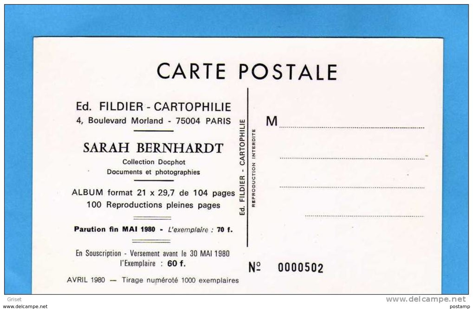 SARAH BERNHART--édition Numérotée N°052 Tirage 1000 Ex - Ed Fildier 1980 - Artistes