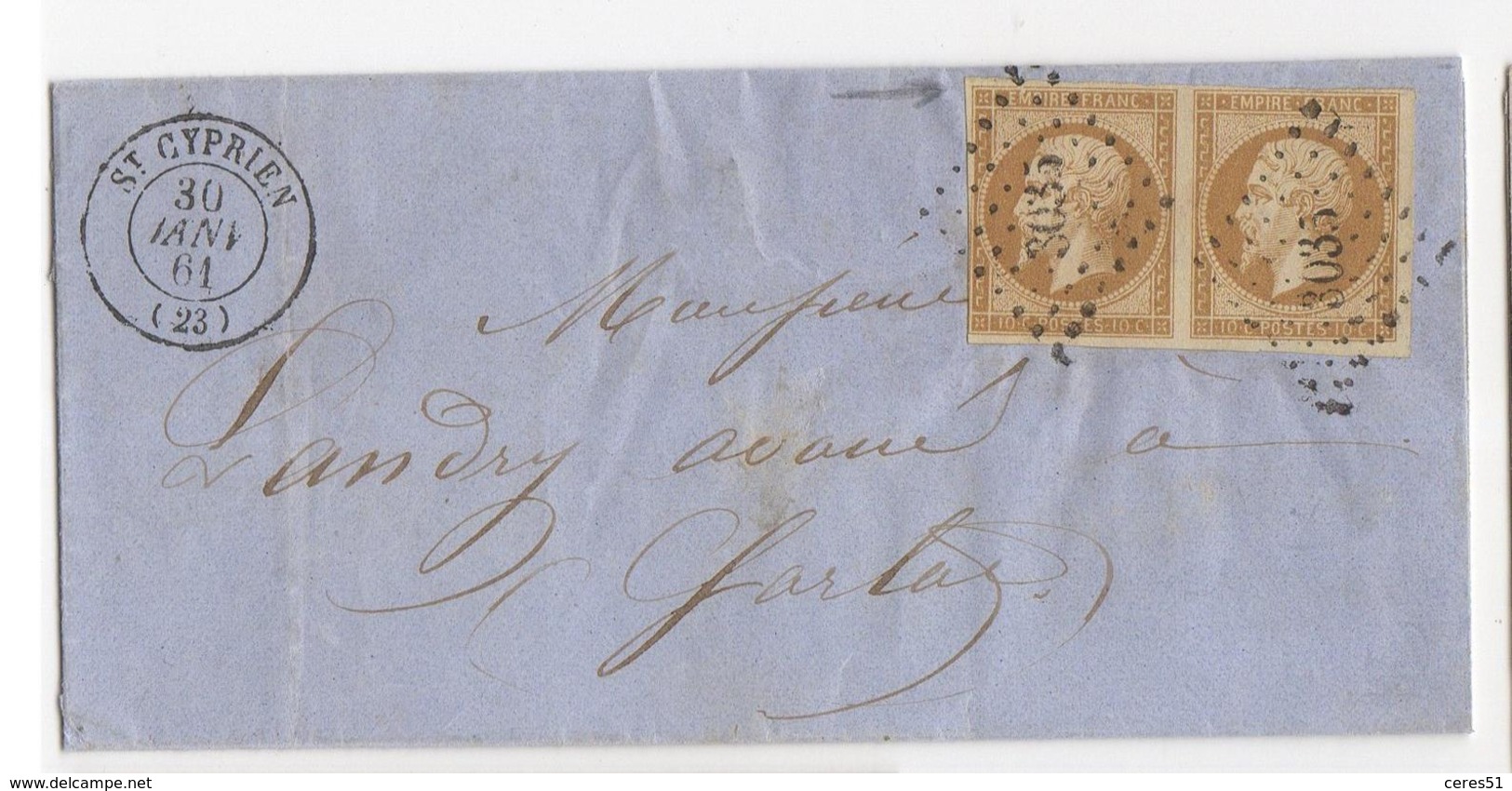 LOT 2147-132 / PAIRE 13A SUR LETTRE OBL. PC 3035 ( Ind.9 ) + CAD ST CYPRIEN 30 JANV. 61 P/SARLAT - 1849-1876: Période Classique