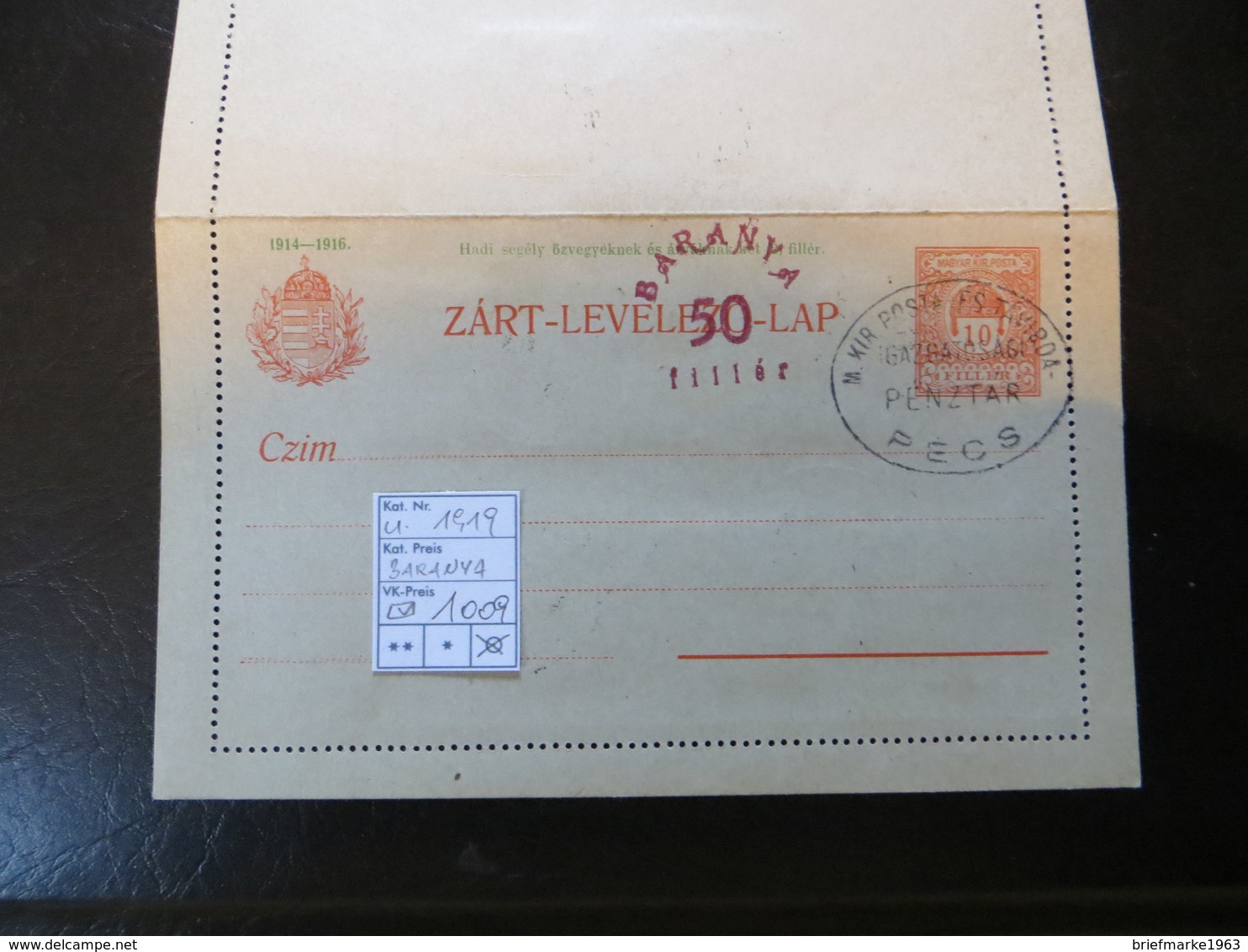 1919  " Schnittertyp "  ZART-LEVELEZÖ-LAP In Karminrot,, + 10 Werte     LOT 1009 - Baranya