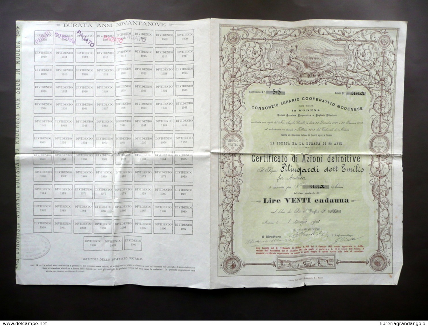 Certificato Azionario Consorzio Agrario Cooperativo Modenese N.14 1 Azione 1903 - Altri & Non Classificati