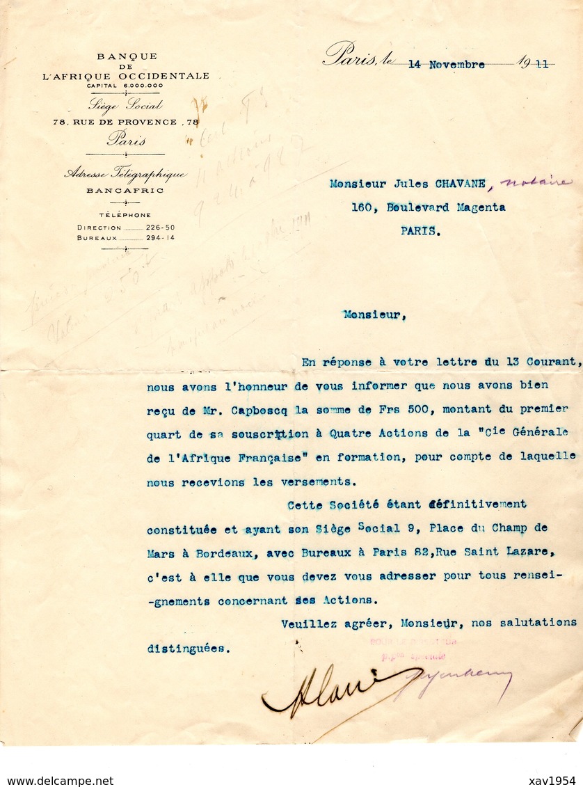 COURRIER Du 14/11/1911 De LA BANQUE De L'AFRIQUE OCCIDENTALE à MTRE CHAVANE Notaire - 1900 – 1949
