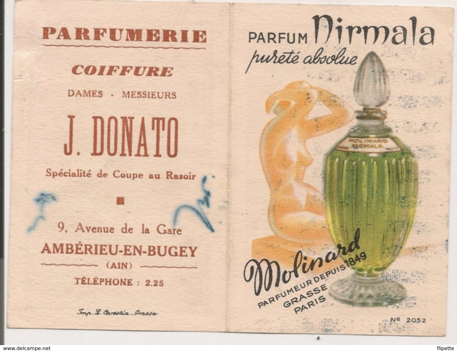 L150b939 - Calendrier Parfumé "Nirmala" Parfumeur Molinard - Année 1959 - L.Carestia N°2052 - Anciennes (jusque 1960)