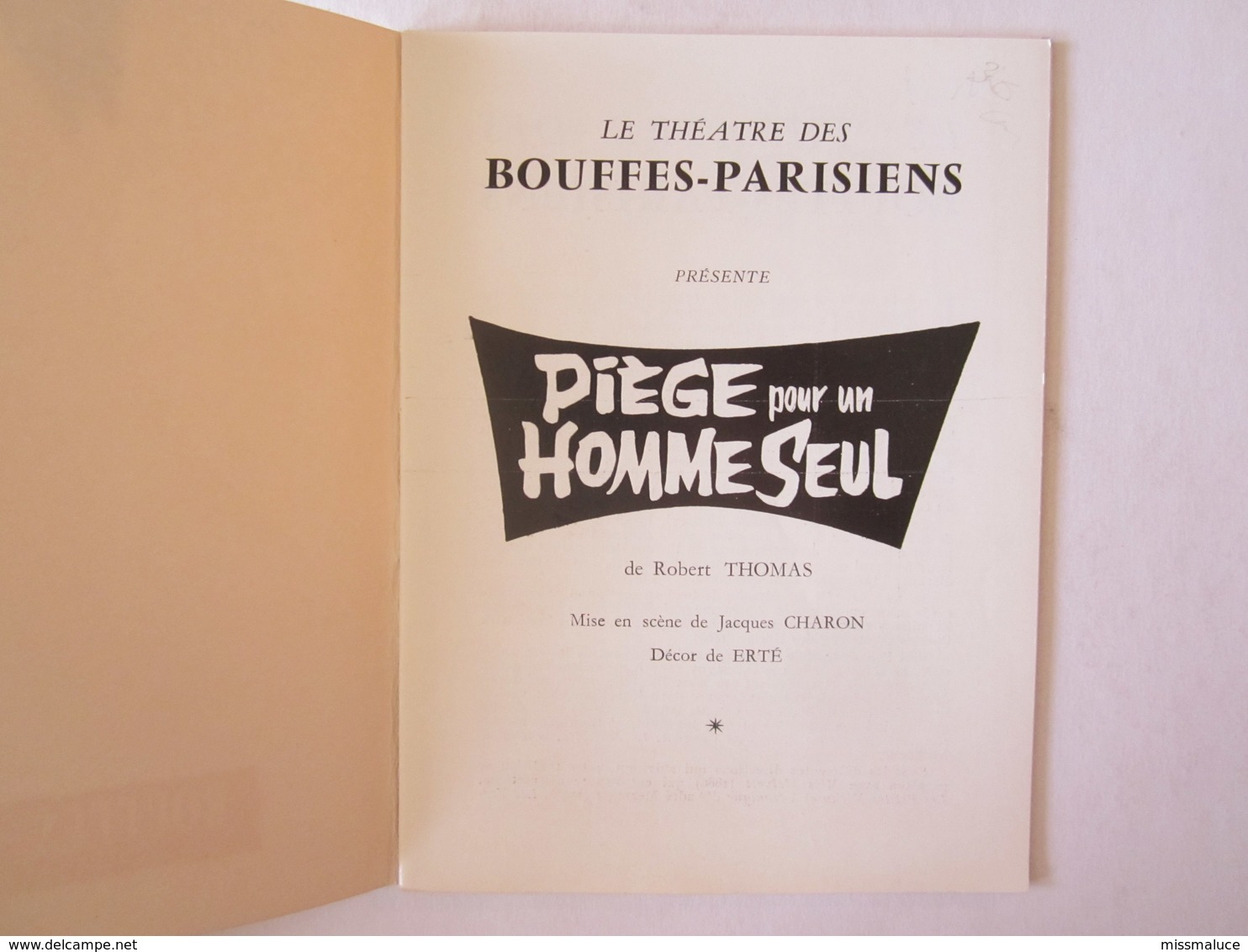 Programme Paris Bouffes Parisiens Piège Pour Un Homme Seul Robert Thomas Jacques Charon - Programmes