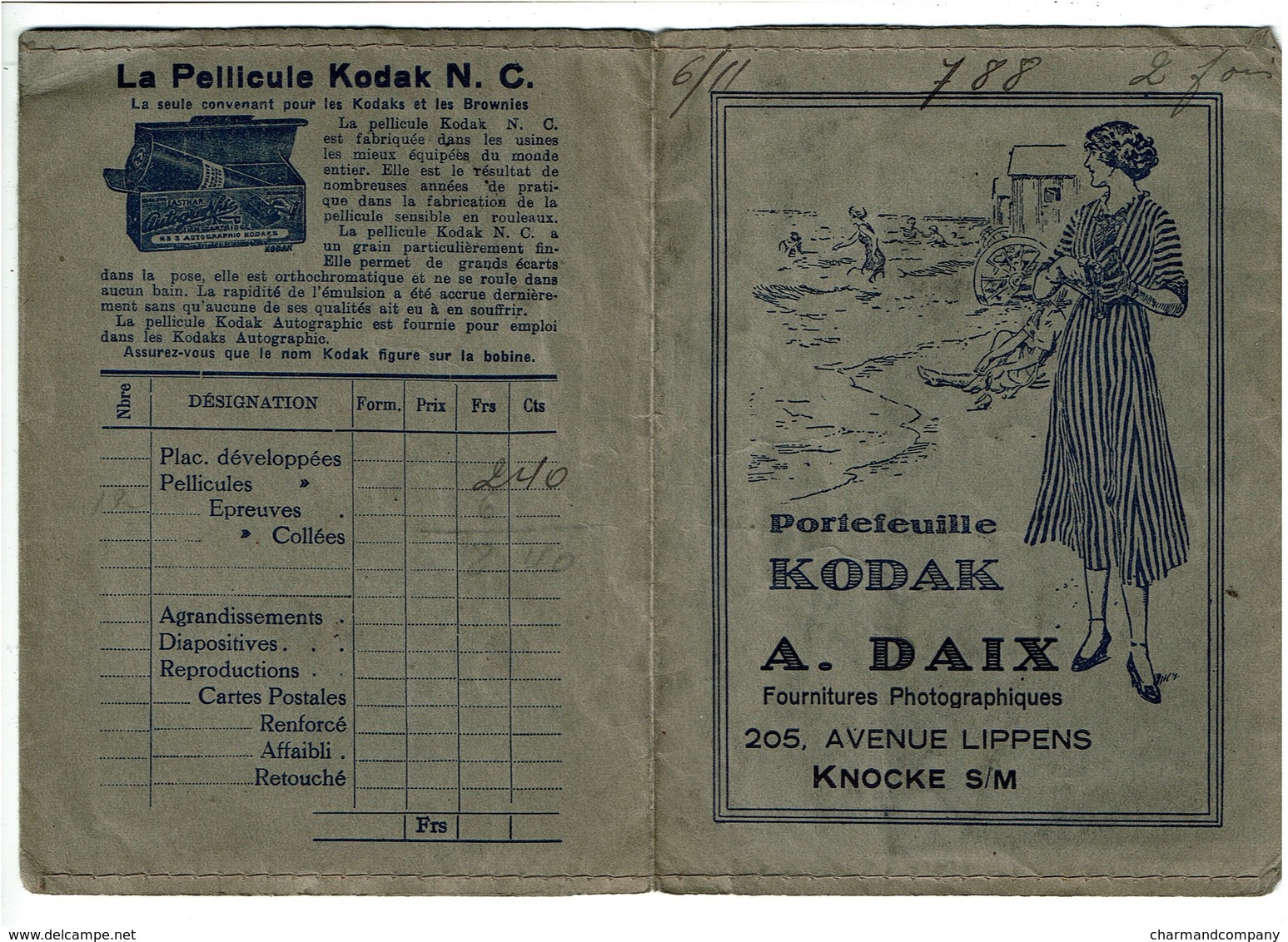 Ancienne Pochette De Photo Publicitaire KODAK - A. Daix 205 Avenue Lippens - Knocke S/M. - 2 Scans - Publicités