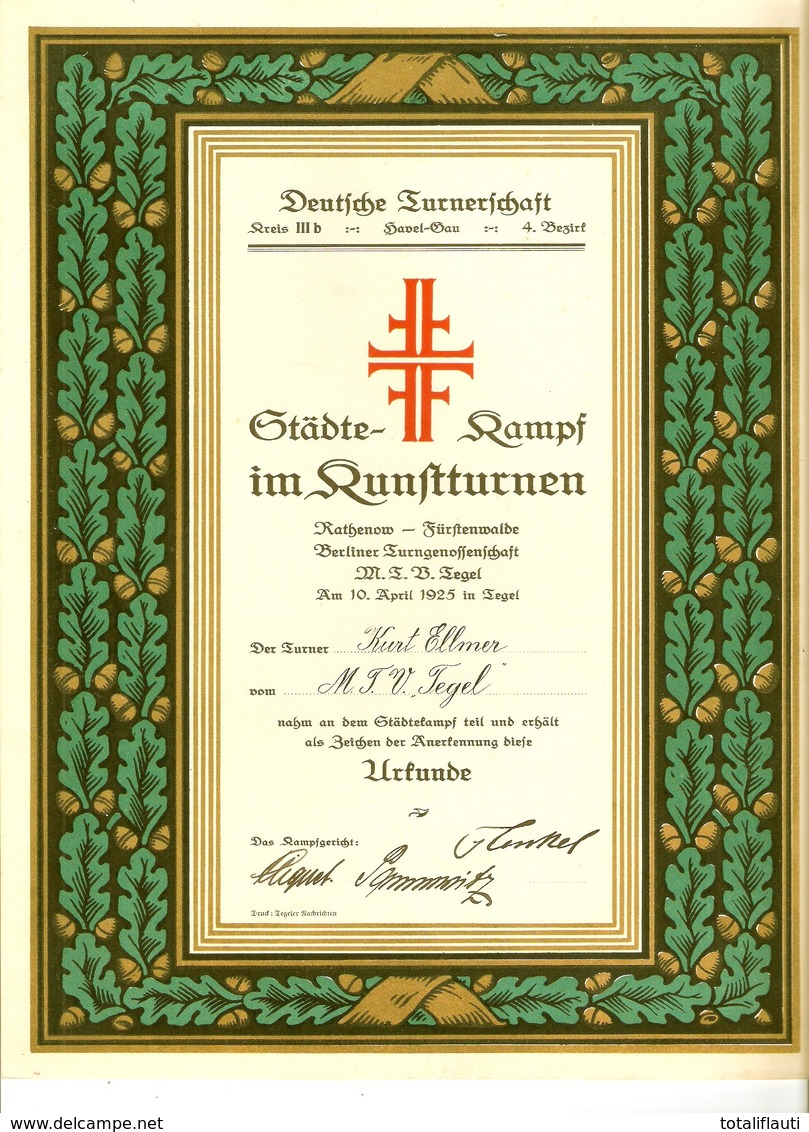 Urkunde Turnen Gau Havel 4. Bezirk 10.4.1925.1924 In TEGEL Berlin Im Städtekampf Rathenow Fürstenwalde Turner K Ellmer - Oranienburg