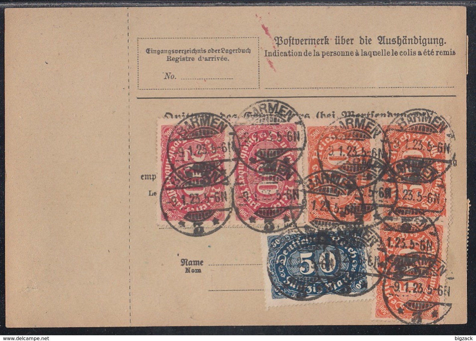 DR Paketkarte Mif Minr.208,2x 220,4x 223,246 Barmen 9.1.23 Gel. In Schweiz - Briefe U. Dokumente