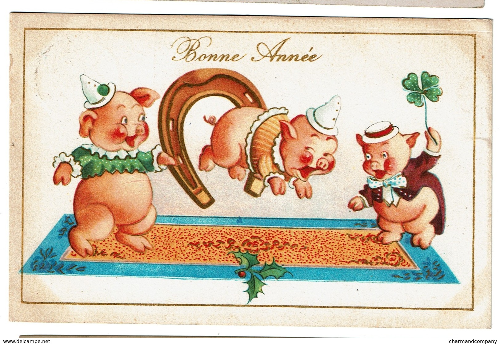 Bonne Année - Cochons Humanisés - Fer à Cheval - Trèfle à 4 Feuilles ..circulée  - 2 Scans - New Year