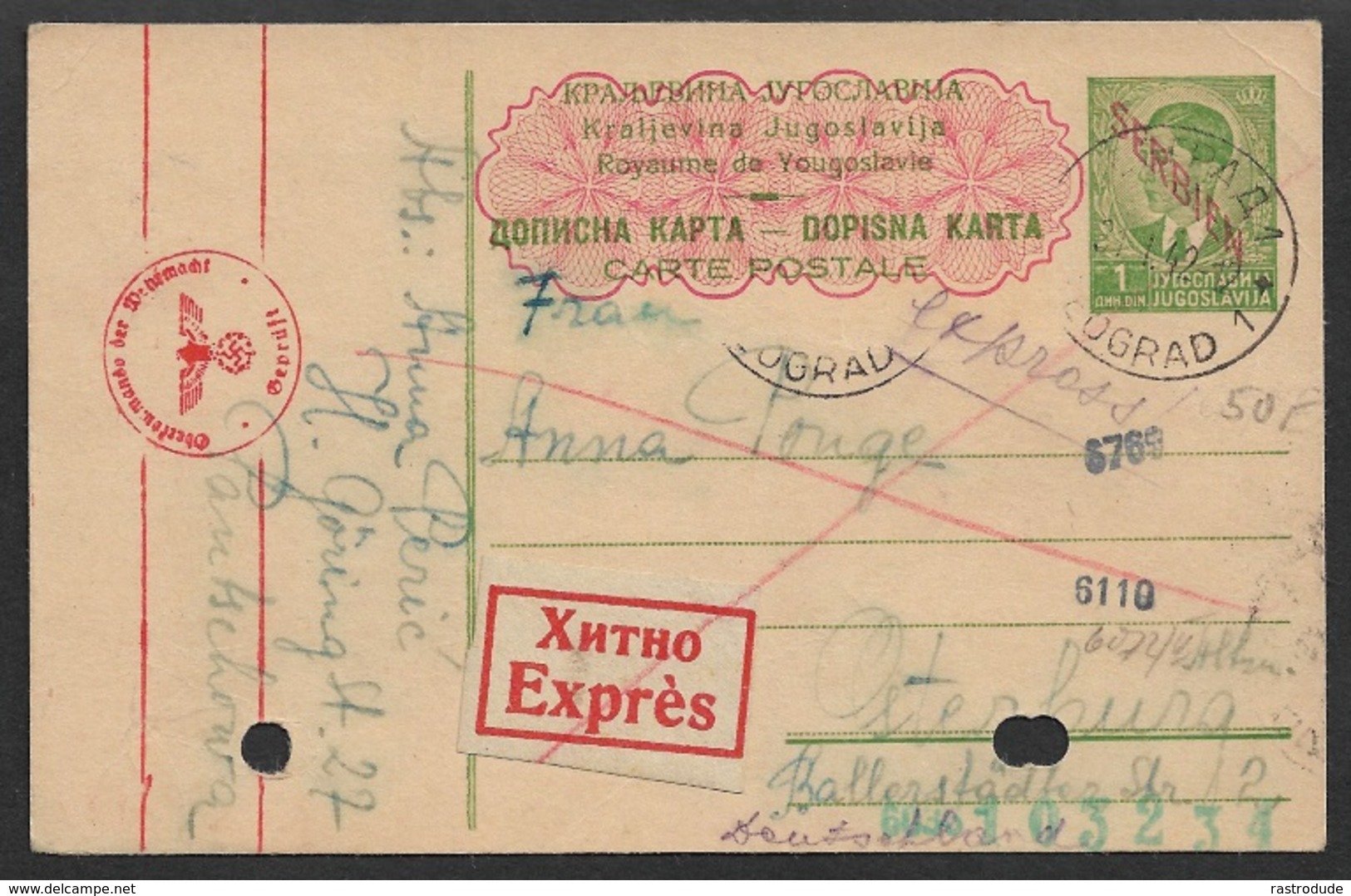 Dt. Besetzung II WK 1942 Serbien 1 Din. Ganzsachenkarte P2 , Express Belgrad Mit Zensur. Interresanter Text ! - Besetzungen 1938-45