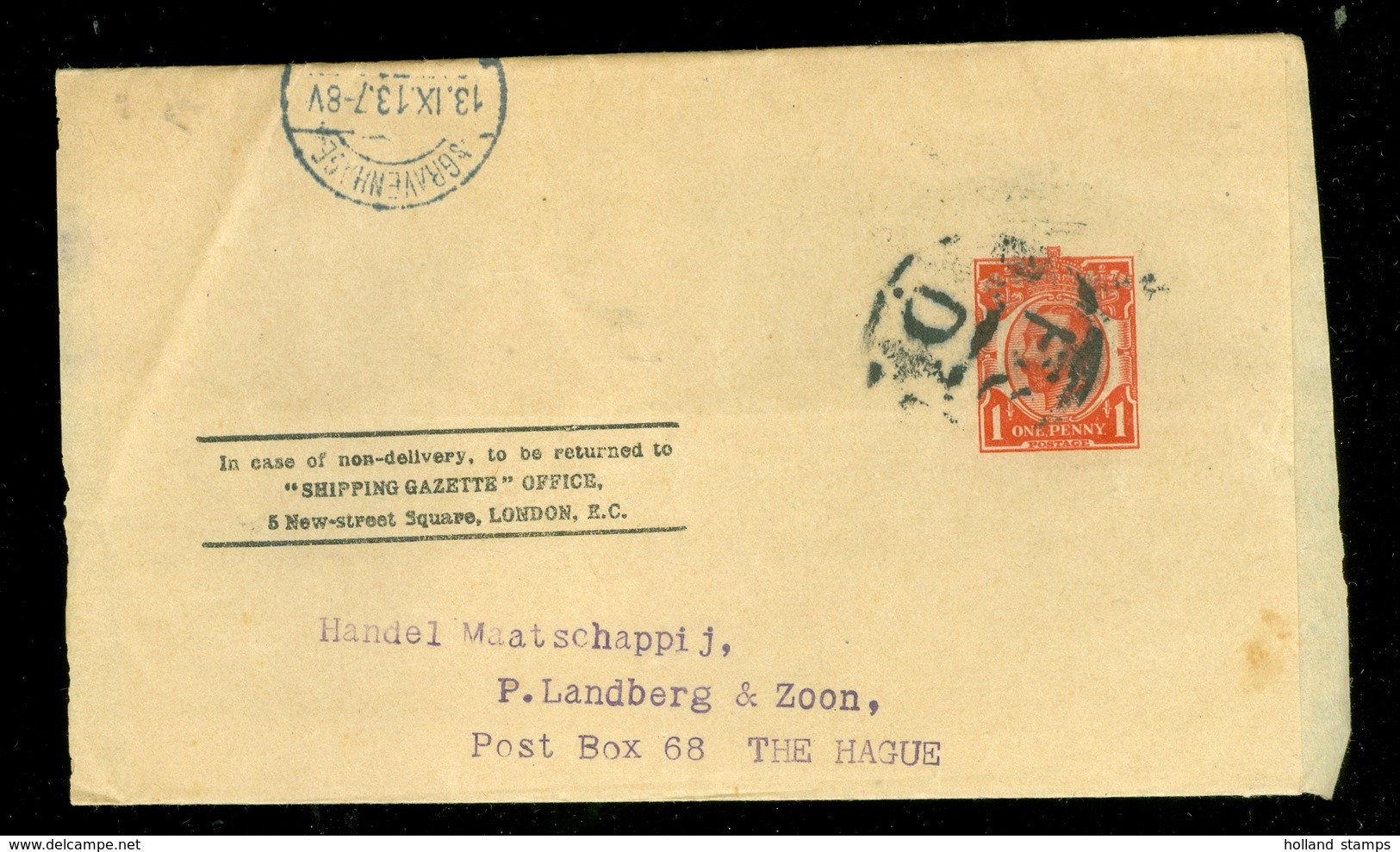 GREAT BRITAIN LETTER CARD Georges V One Penny * In 1913 From LONDON Te THE HAGUE (11.456f) - Postwaardestukken