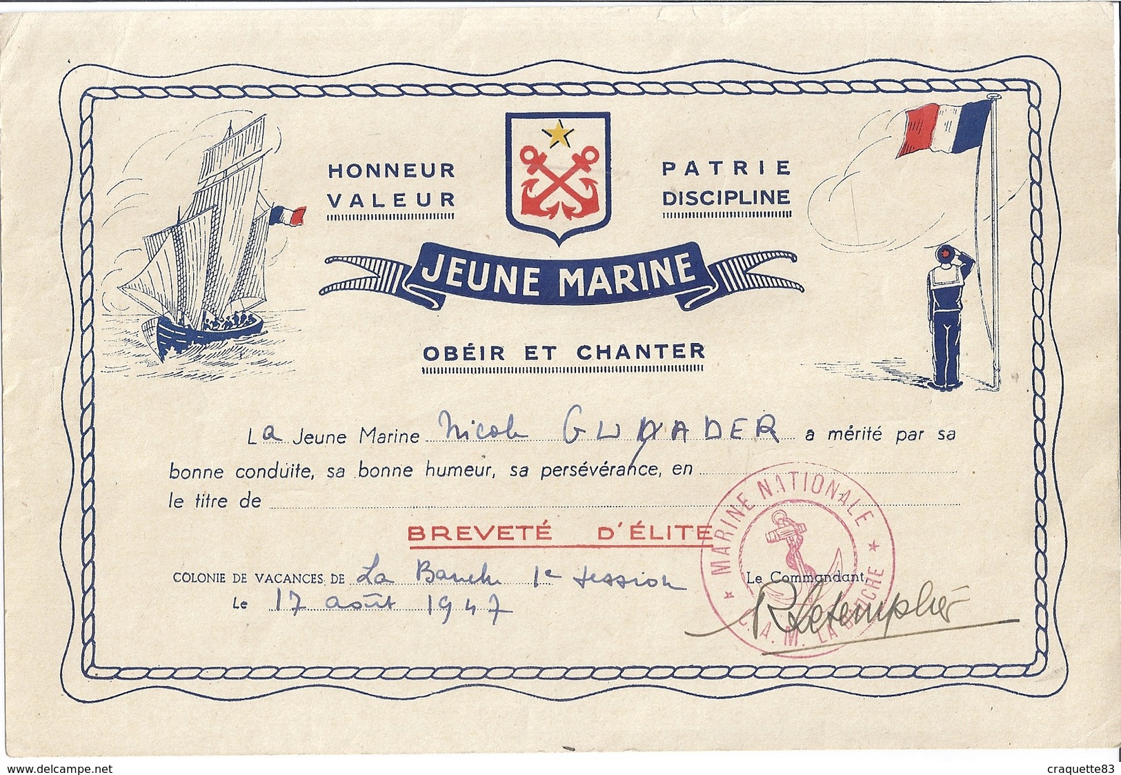 BREVET D'ELITE- "JEUNE MARINE" OBEIR ET CHANTER - COLONIE DE VACANCES DE LA BAUCHE ? 1er SESSION 1947 - Diplômes & Bulletins Scolaires