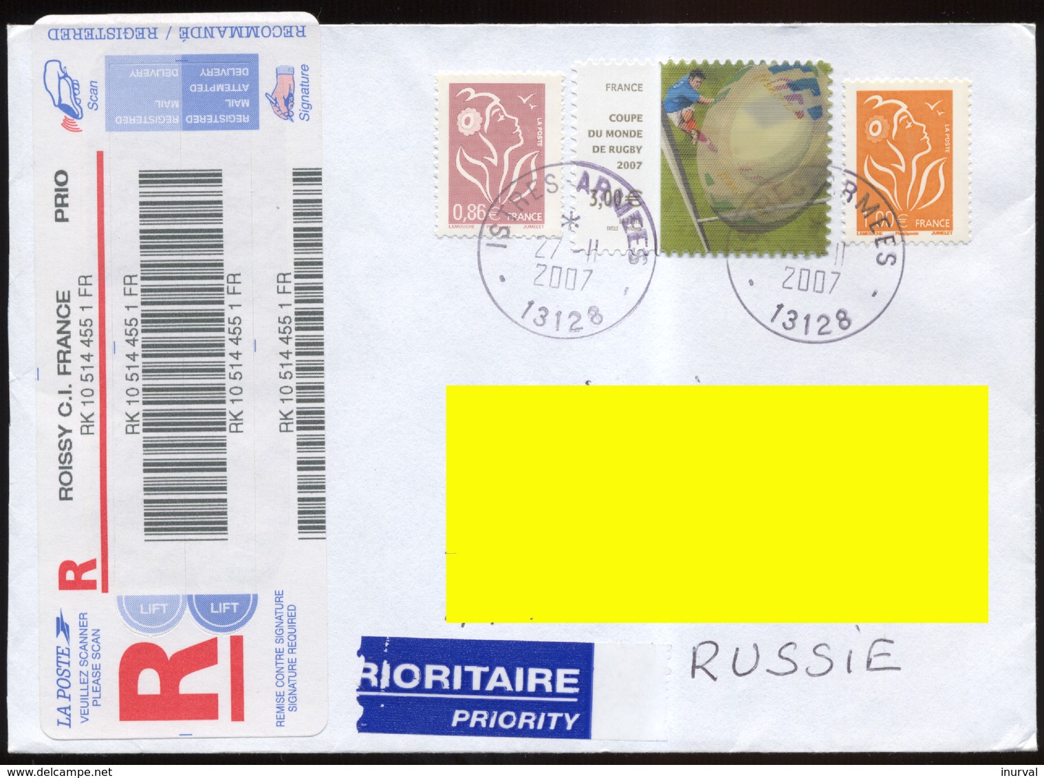 France 2007. Registered Mail. 3 Stamps. One Stamp Michel #4294: Coupe Du Monde De Rugby 2007 - Storia Postale