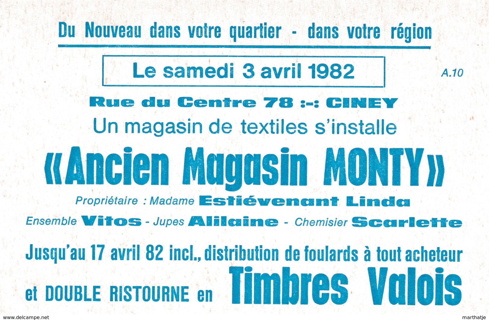 Un Magasin De Texiles S'installe "Ancien Magasin Monty", Rue Du Centre 78, Ciney - Carte De Publicité - Ciney