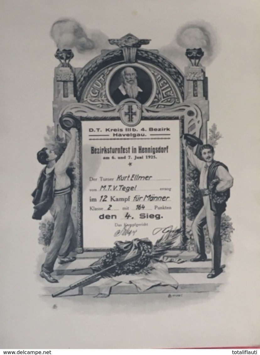Urkunde Turnen Gau Havel 4. Bezirk 6/7. Juni 1925 In HENNINGSDORF Turner K Ellmer MTV Tegel 4. Sieger - Henningsdorf