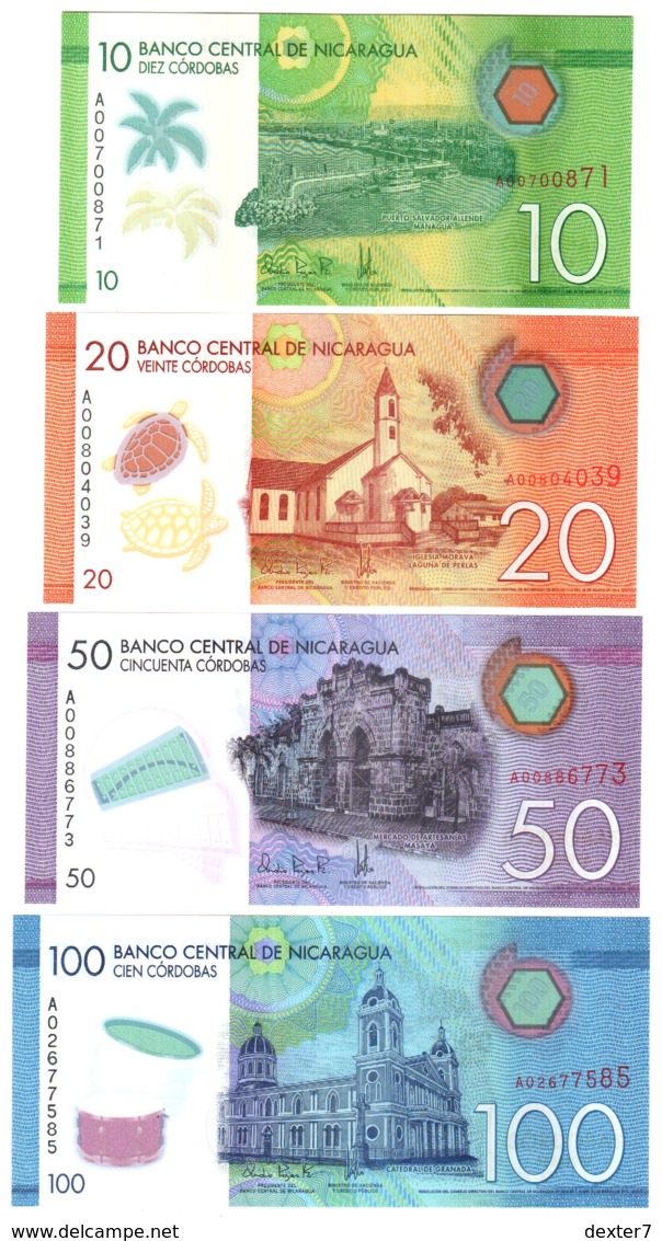 Nicaragua 10, 20, 50, 100 Cordobas - 4x Pcs Set FDS UNC Polymer 2015, Same Sign. - Nicaragua