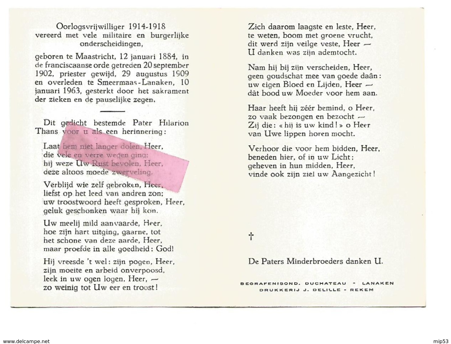 P 771. Pater HILARION THANS O.F.M. - °MAASTRICHT 1884 / +SMEERMAAS-LANAKEN 1963 - Oorlogsvrijwilliger 19614/18 - Images Religieuses