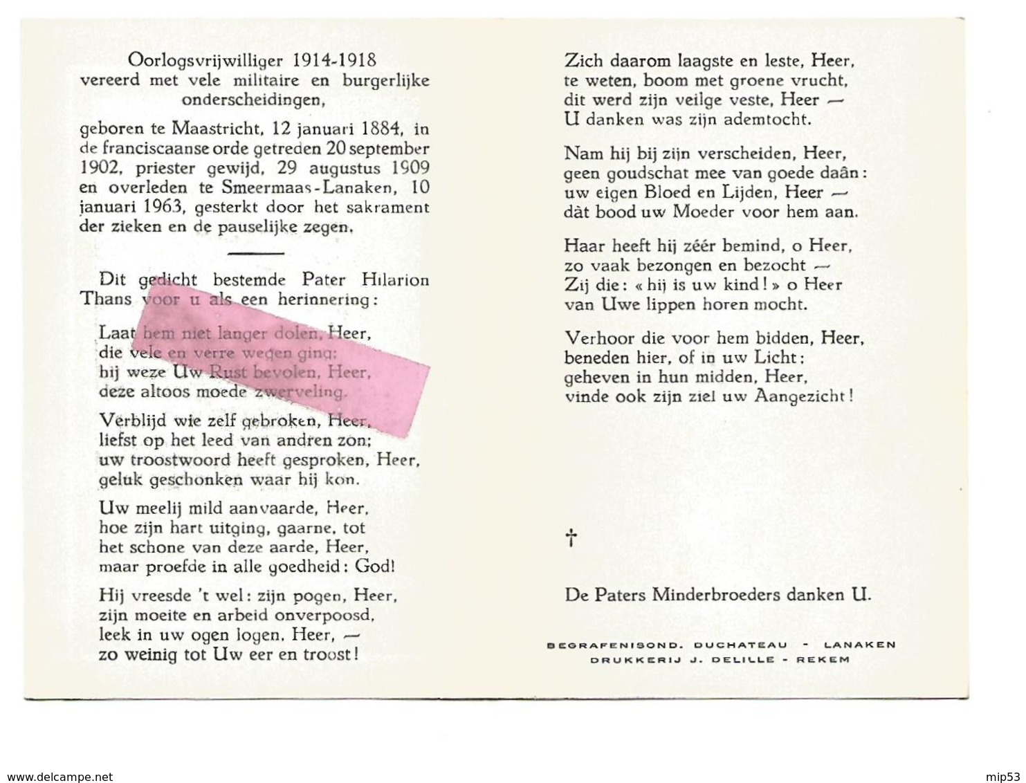 P 771. Pater HILARION THANS O.F.M. - °MAASTRICHT 1884 / +SMEERMAAS-LANAKEN 1963 - Oorlogsvrijwilliger 19614/18 - Devotion Images