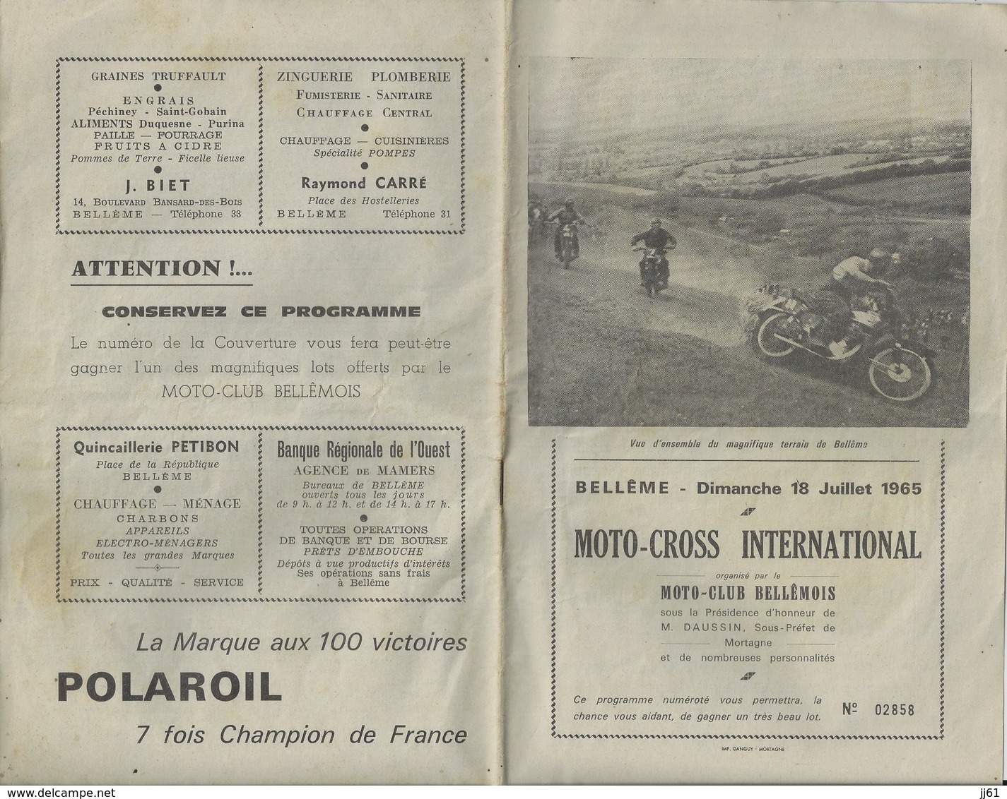 BELLEME PROGRAMME OFICIEL MOTO CROSS INTERNATIONAL SIDE CAR JUILLET 1965 PUBLICITE POSSON NICOLE HAMELIN BAL GODARD - Programmes