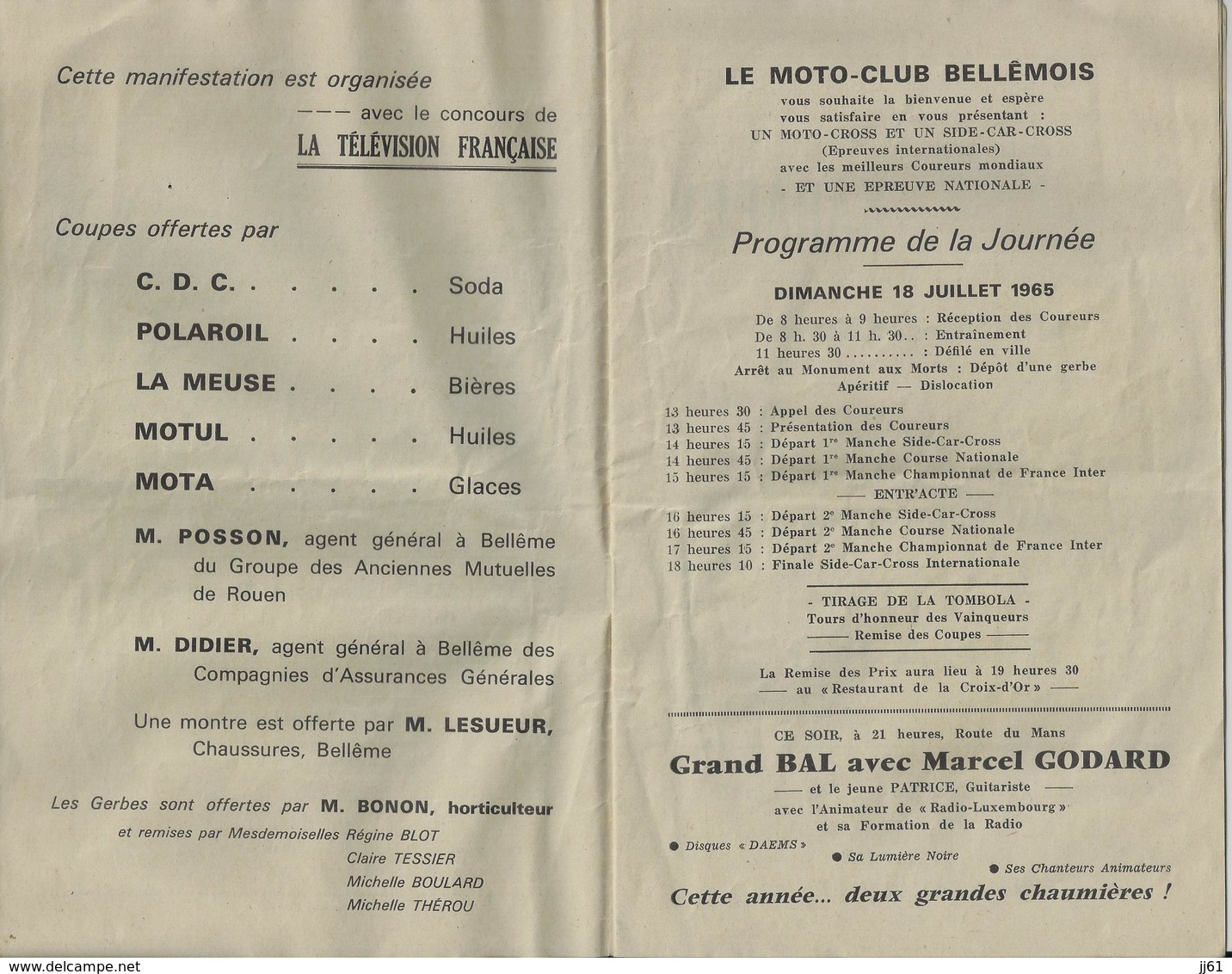 BELLEME PROGRAMME OFICIEL MOTO CROSS INTERNATIONAL SIDE CAR JUILLET 1965 PUBLICITE POSSON NICOLE HAMELIN BAL GODARD - Programmes